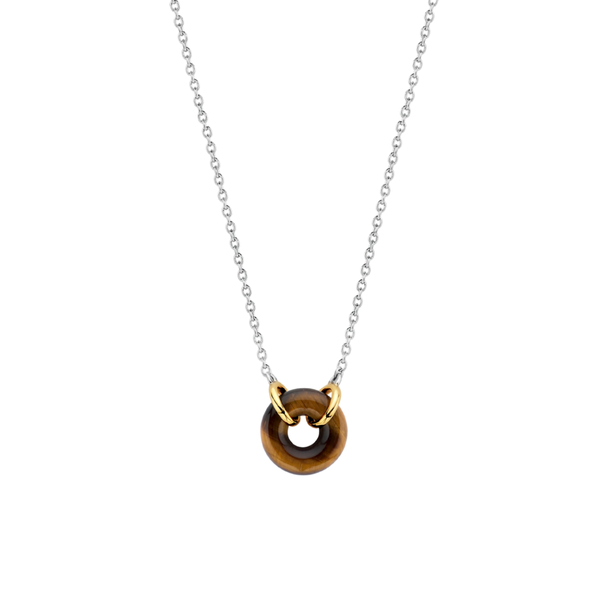 Het pronkstuk van deze TI SENTO - Milano zilveren ketting 3971TE/42 is de bruine tiger-eye steen in het midden, omhuld door een verfijnde gold-plated zetting. De ronde vorm maakt het een artistiek geheel en de rijke aardse tinten geven de ketting een krachtige look. De ketting is vervaardigd uit 925 sterling zilver. De extra veilige sluiting is speciaal ontworpen zodat het altijd bij je blijft. De lengte van de ketting is 42 cm.