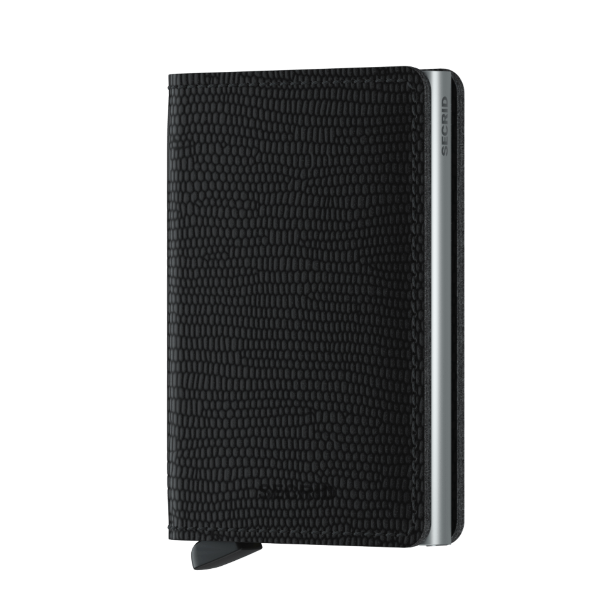 De Slimwallet is een eigentijdse kijk op de klassieke billfold. Door het slanke profiel past hij perfect in elke binnen- of broekzak. Het ruim gesneden leer biedt ruimte voor ten minste 6 extra kaarten en bankbiljetten.
Het gepatenteerde mechanisme geeft met één simpele beweging toegang tot je kaarten: klaar voor gebruik. De aluminium behuizing beschermt kaarten tegen buigen, breken en ongewenste draadloze communicatie.
Rango
De Slimwallet Rango Black heeft een fijn hagedis reliëf met diepe duotint, wat het opvallend en toch subtiel maakt. Een leersoort die de tand des tijds kan doorstaan.

Rango is gecorrigeerd leer, gemaakt in Nederland van Europese runderhuiden. Bezoek onze leerpagina voor meer informatie over leereigenschappen, ons productieproces en verzorgingsinstructies.

Draagt
4 verdikte of 6 platte kaarten
6 extra kaarten
Bankbiljetten
Visitekaartjes
Bonnetjes
Afmetingen en gewicht
68 x 102 x 16 mm
72 g
2 jaar garantie