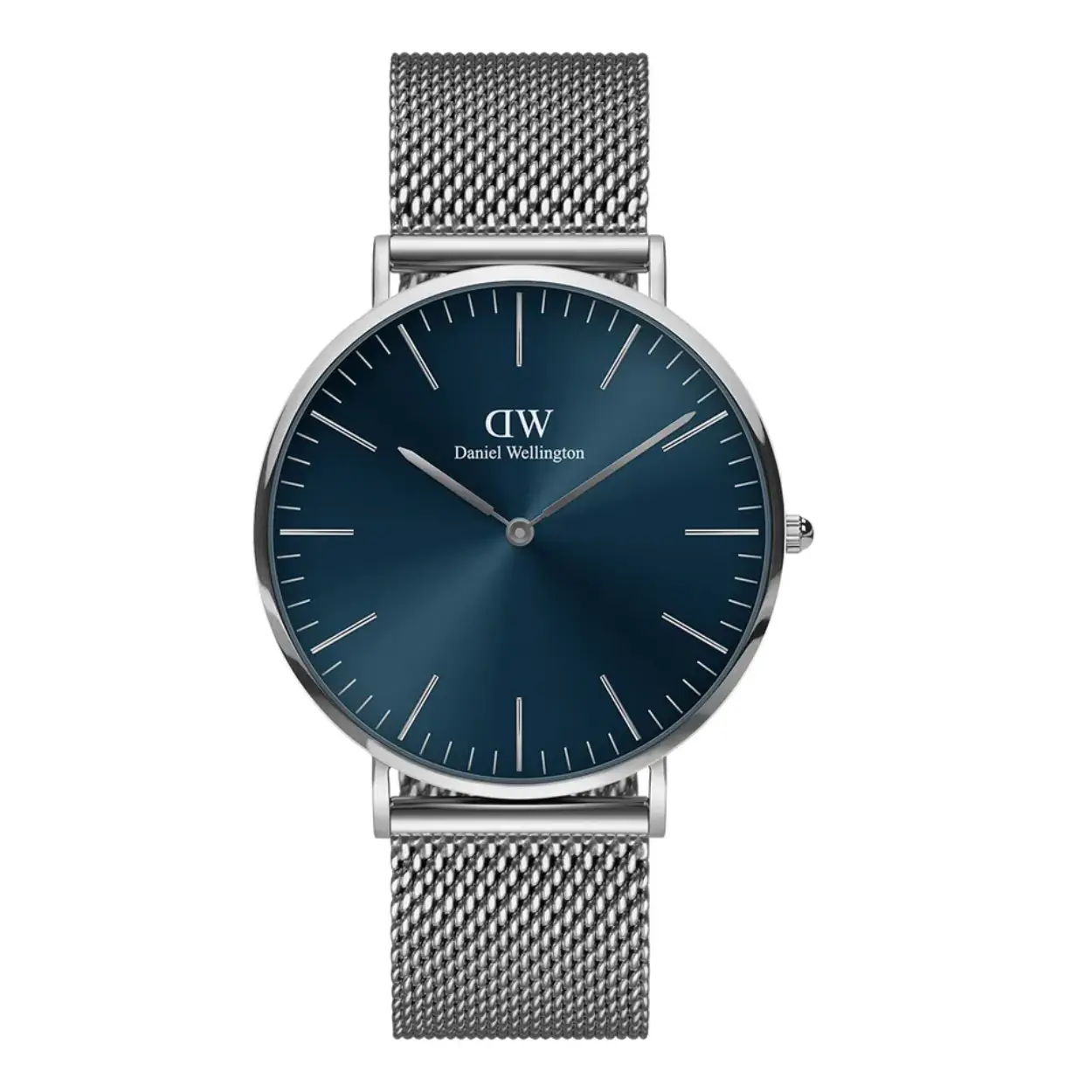 De Daniel Wellington Horloge Classic Mesh Arctic Silver (modelnummer DW00100628) heeft een elegante ronde kast van roestvrij staal met een blauwe wijzerplaat en strepen. Het horloge heeft een quartz uurwerk, Milanese mesh band en is nikkelvrij en anti-allergisch. Draag het met stijl op zowel formele als informele gelegenheden voor een tijdloze uitstraling. Waterbestendig niveau 3.
