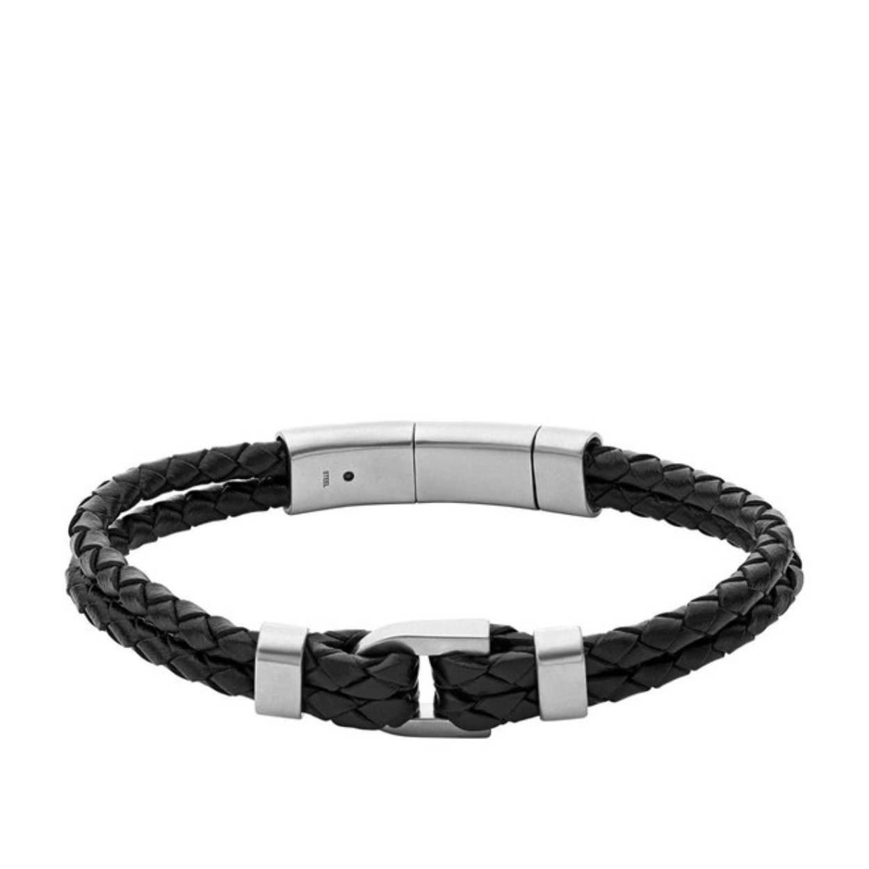 Deze armband is gemaakt van edelstaal en leer in de kleur zwart. De armband is 18 t/m 19,5 cm lang.