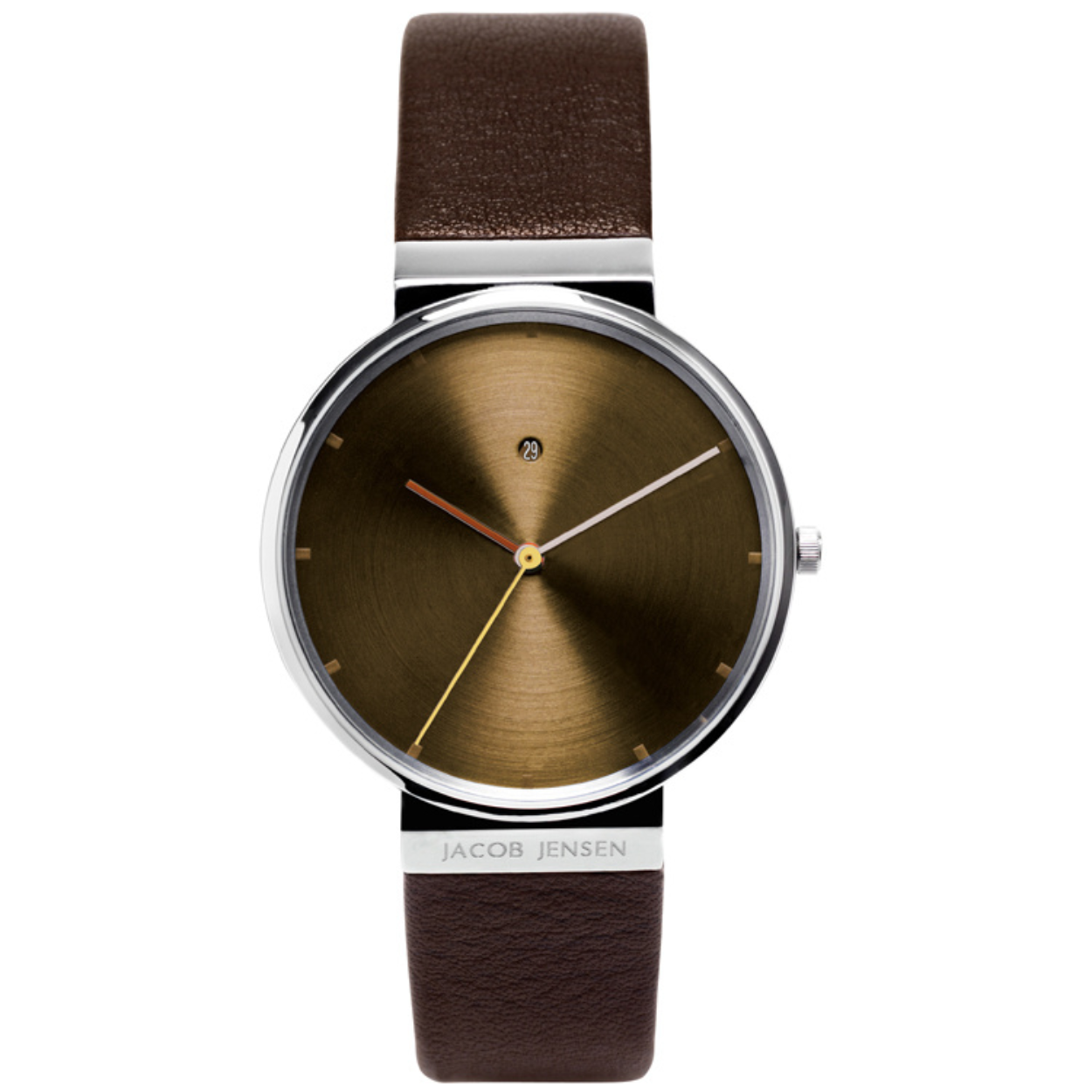 De Jacob Jensen Dimension 843 is een horloge met een diep-bruine wijzerplaat binnen een gepolijste roestvrijstalen kast. De tweede Jacob Jensen Dimension collectie wordt gekenmerkt door de mat goud-, zilver- en bronskleurige wijzers boven een stralende wijzerplaat. Deze zijn "sonnenschliff" geslepen, waardoor ze vanuit het midden lijken te stralen als de zon.

Aan het horloge zit een donkerbruine horlogeband van soepel kalfsleer, die door de bijzondere bevestiging eenvoudig (zelf) uit te wisselen of te vervangen is. Het 38 millimeter brede uniseks horloge heeft krasvast saffier glas en een betrouwbaar Zwitsers Ronda quartz uurwerk, dat naast de tijd ook de datum aangeeft.