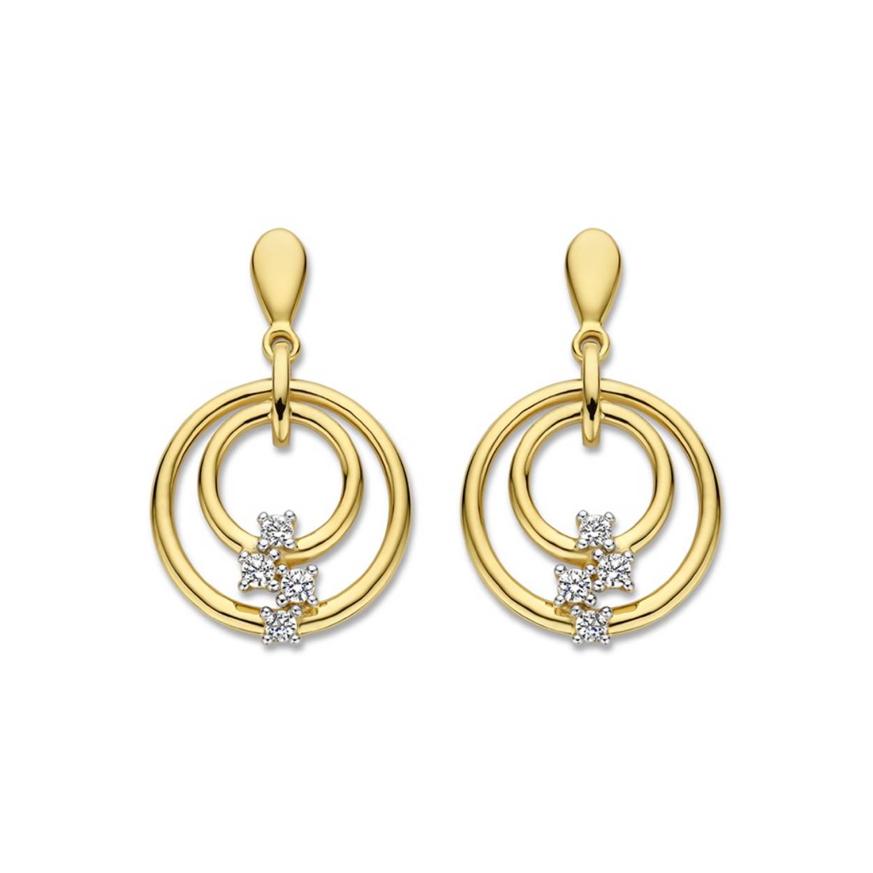 18 kt gouden oorstekers met zirkonium
Bijhorende hanger en ring ook verkrijgbaar
De prijs kan variëren naargelang de goudprijs.