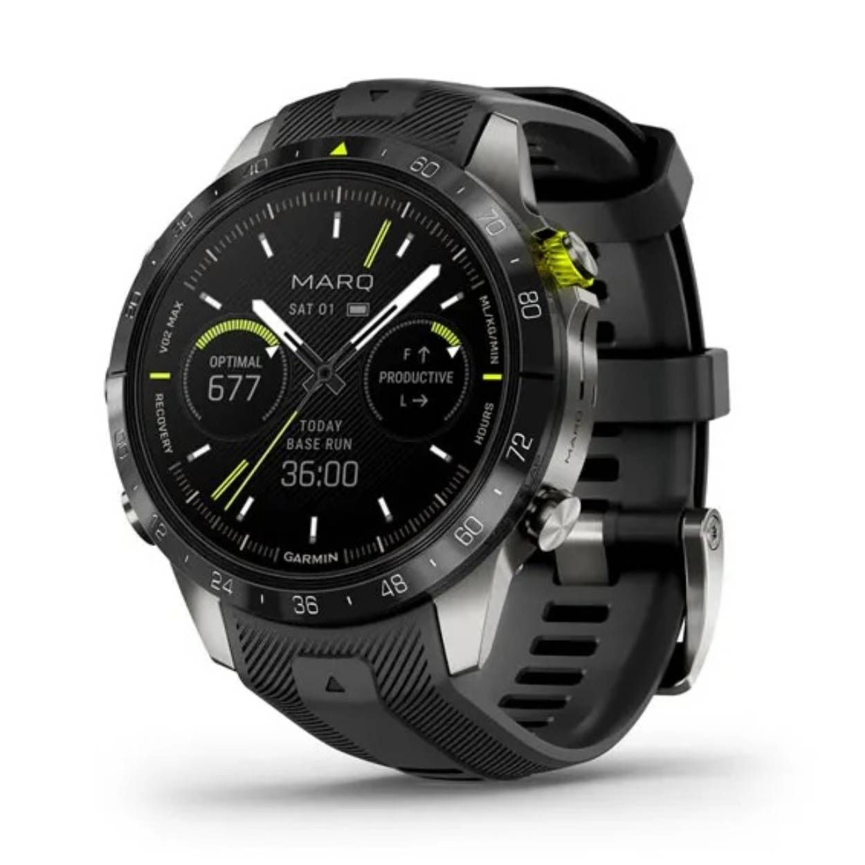 Garmin Marq Athlete (Gen 2). met zwarte siliconen horlogeband