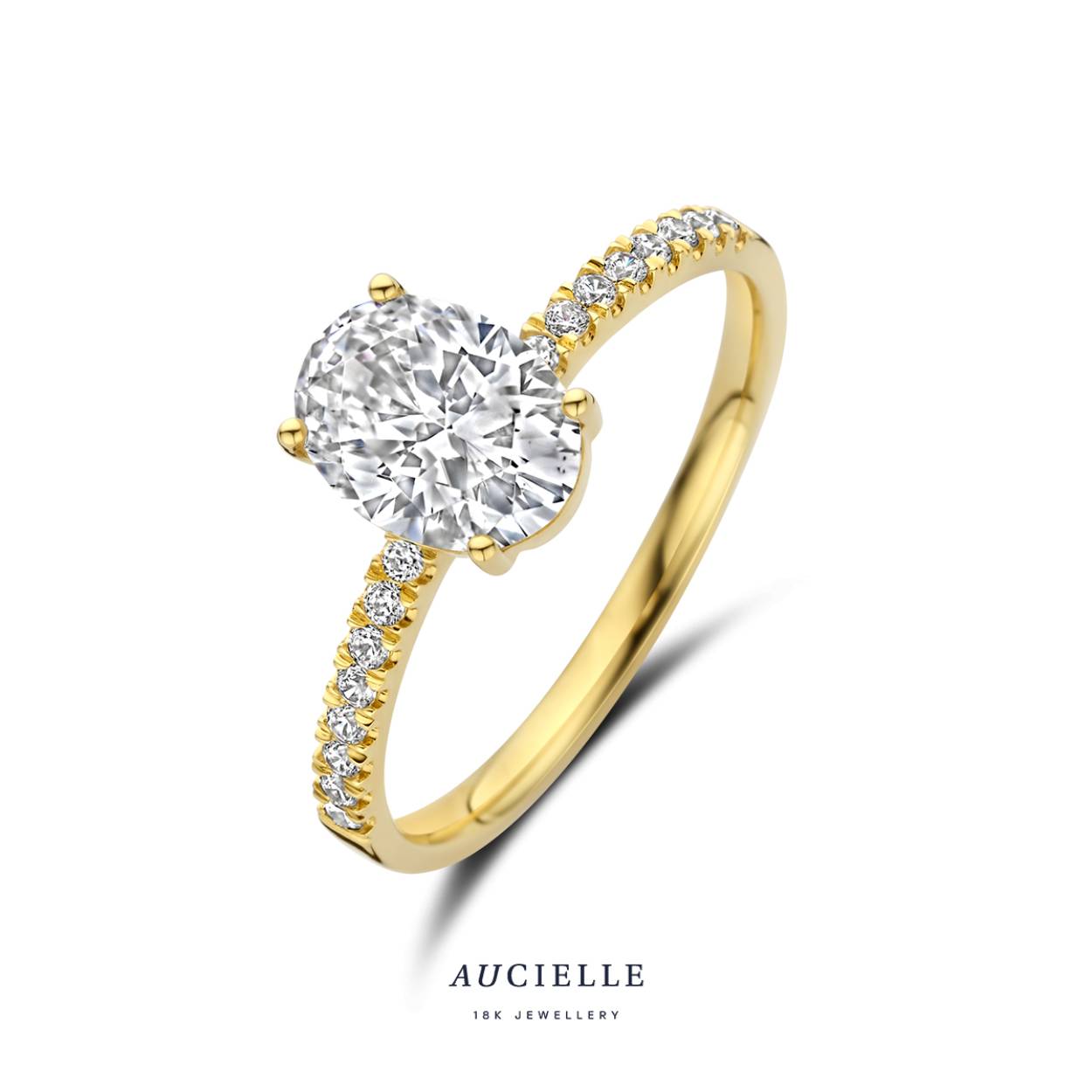 Gouden ring met zirkoon en zijsteentjes
18 kt