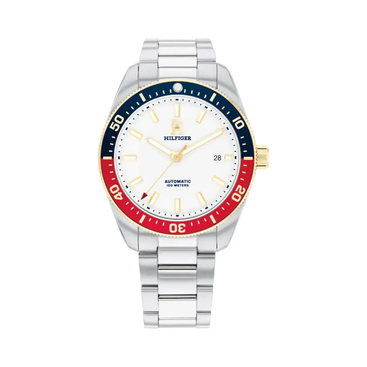 Mechanisch herenuurwerk van Tommy Hilfiger 
Zilverkleurige band en kast met goudkleurige kroon
Blauw/rode lunette
Witte wijzerplaat met datumaanduiding
Waterdichtheid: 10 ATM