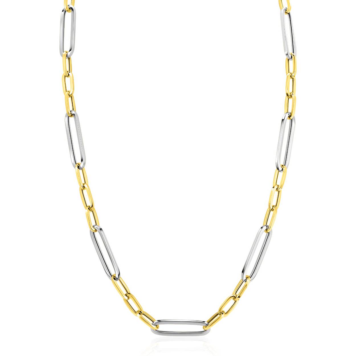 ZINZI zilveren bicolor schakelketting 45cm met afwisselend lange en korte ovale schakels (7mm breed). De ketting is vervaardigd van eerste gehalte zilver (925) en extra geel verguld.