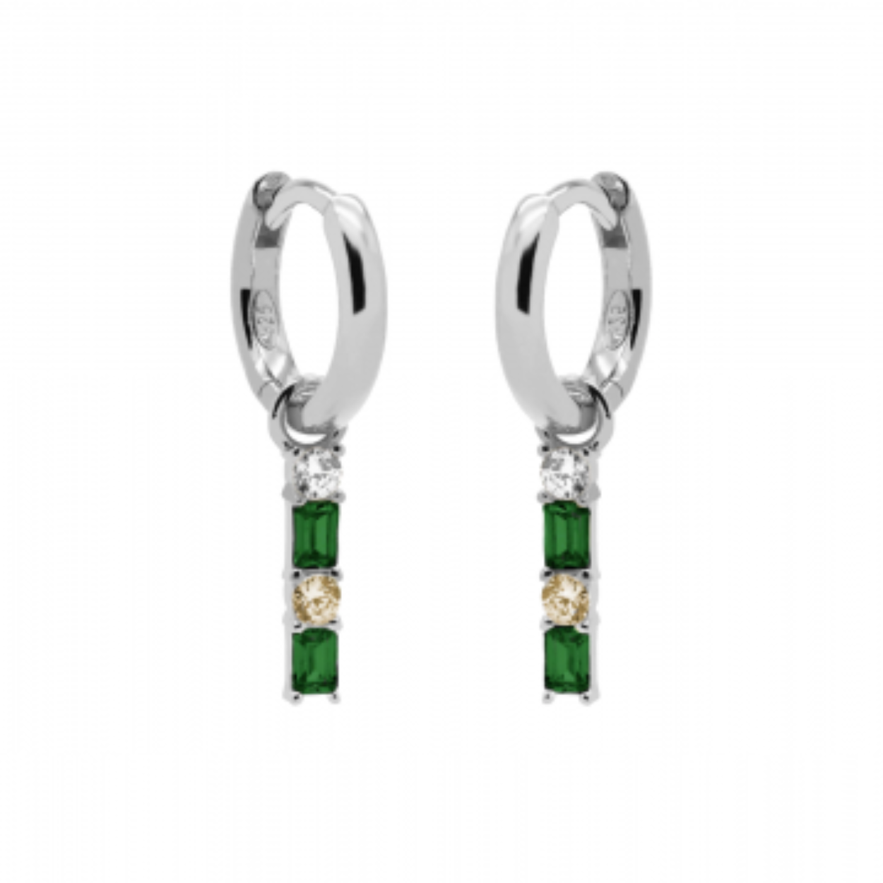 Hinged Hoops Double Zirconia Square Baguette EMERALD Silver