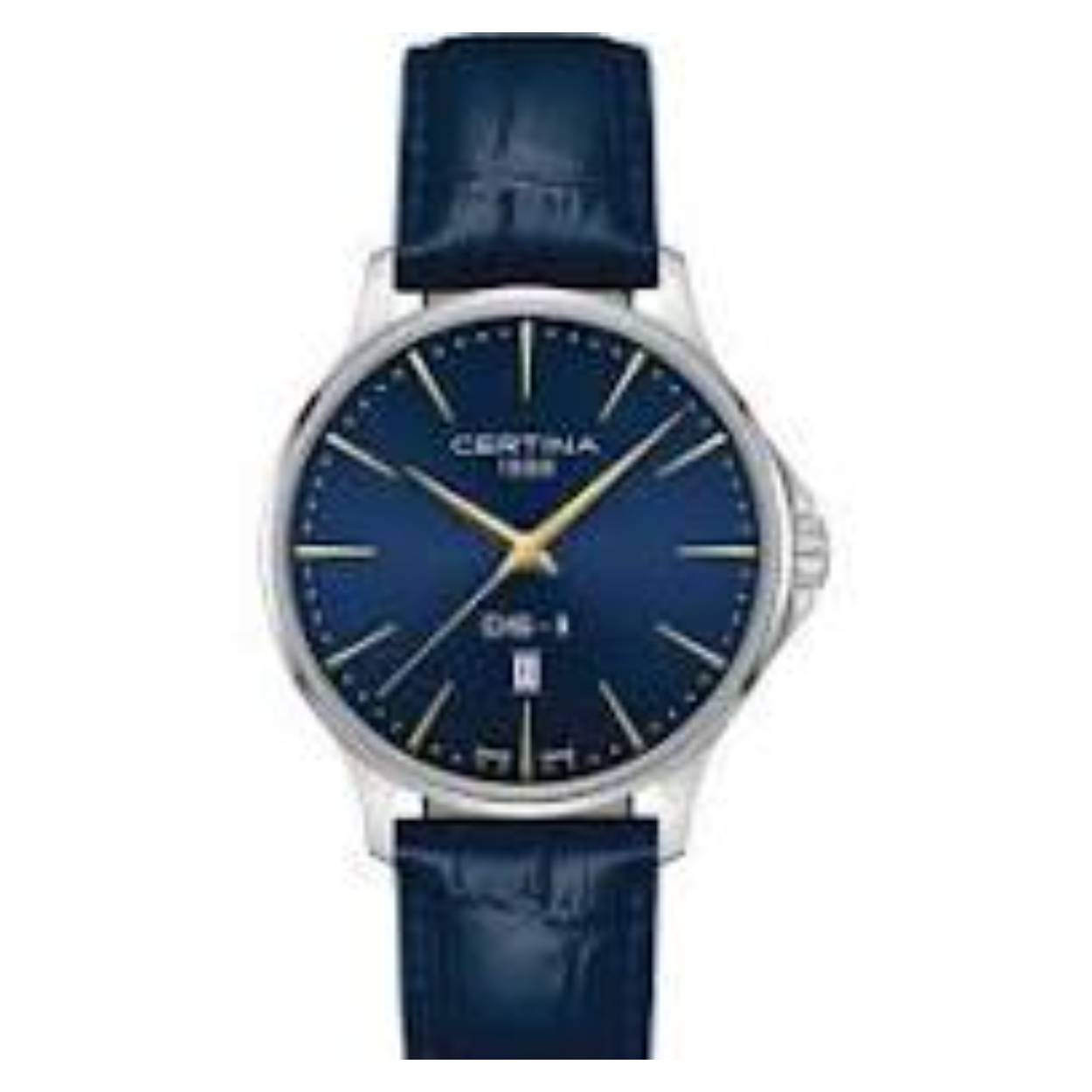 C0454101604100 DS8 Blauwe lerenband kroko-look, Blauwe wijzerplaat en goudkleurige wijzers en index 10 ATM waterdicht DS principe