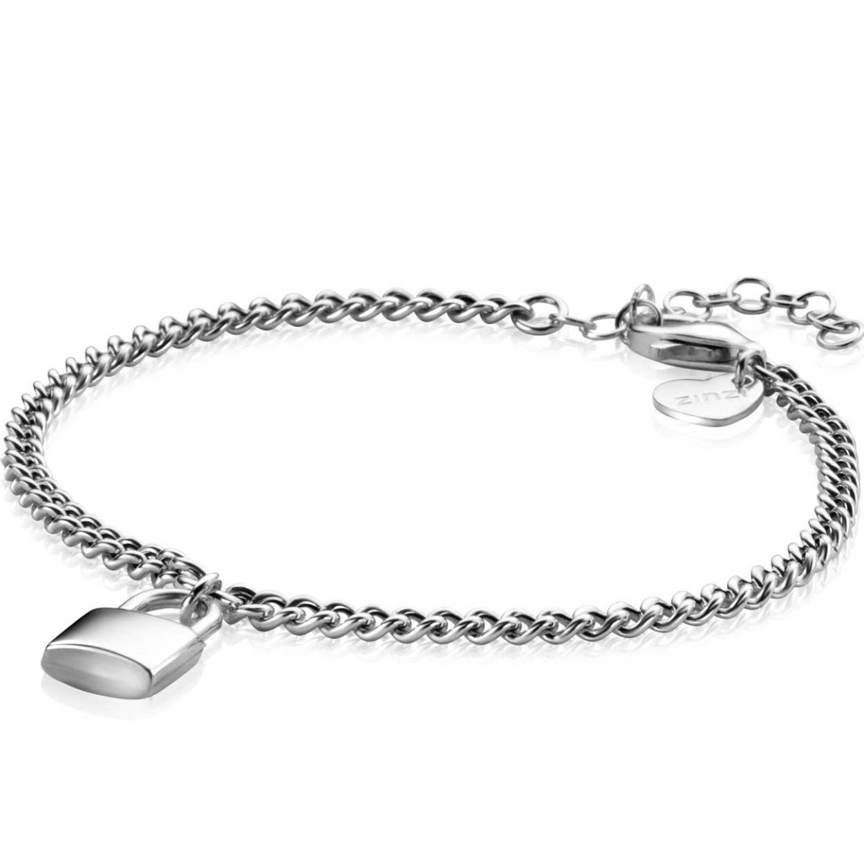 ZINZI zilveren gourmet armband met bungelend trendy glimmend slotje als bedeltje. Met herkenbaar Zinzi hartje bij de sluiting. De lengte van de armband is te variëren tussen 16,5 en 19,5cm. De armband is vervaardigd van eerste gehalte zilver (925) en voorzien van een extra rodiumlaag voor een langdurige glans.