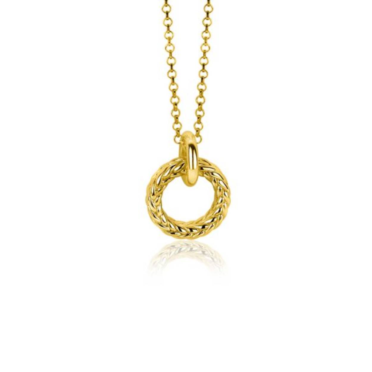 ZINZI zilveren extra 14K geel vergulde hanger in cirkelvorm, bewerkt met 'touw-effect'. De hanger heeft een luxe glad hangoog, waarmee je haar sierlijk aan je zilveren ZINZI collier hangt. Het formaat van de hanger is 19x15 mm en de ringen zijn 4 mm dik. Combineer met een ketting naar wens. De hanger is exclusief collier geprijsd. Maak je look compleet met de bijbehorende oorbedels! Vervaardigd van eerste gehalte zilver (925) en extra 14K geel verguld.