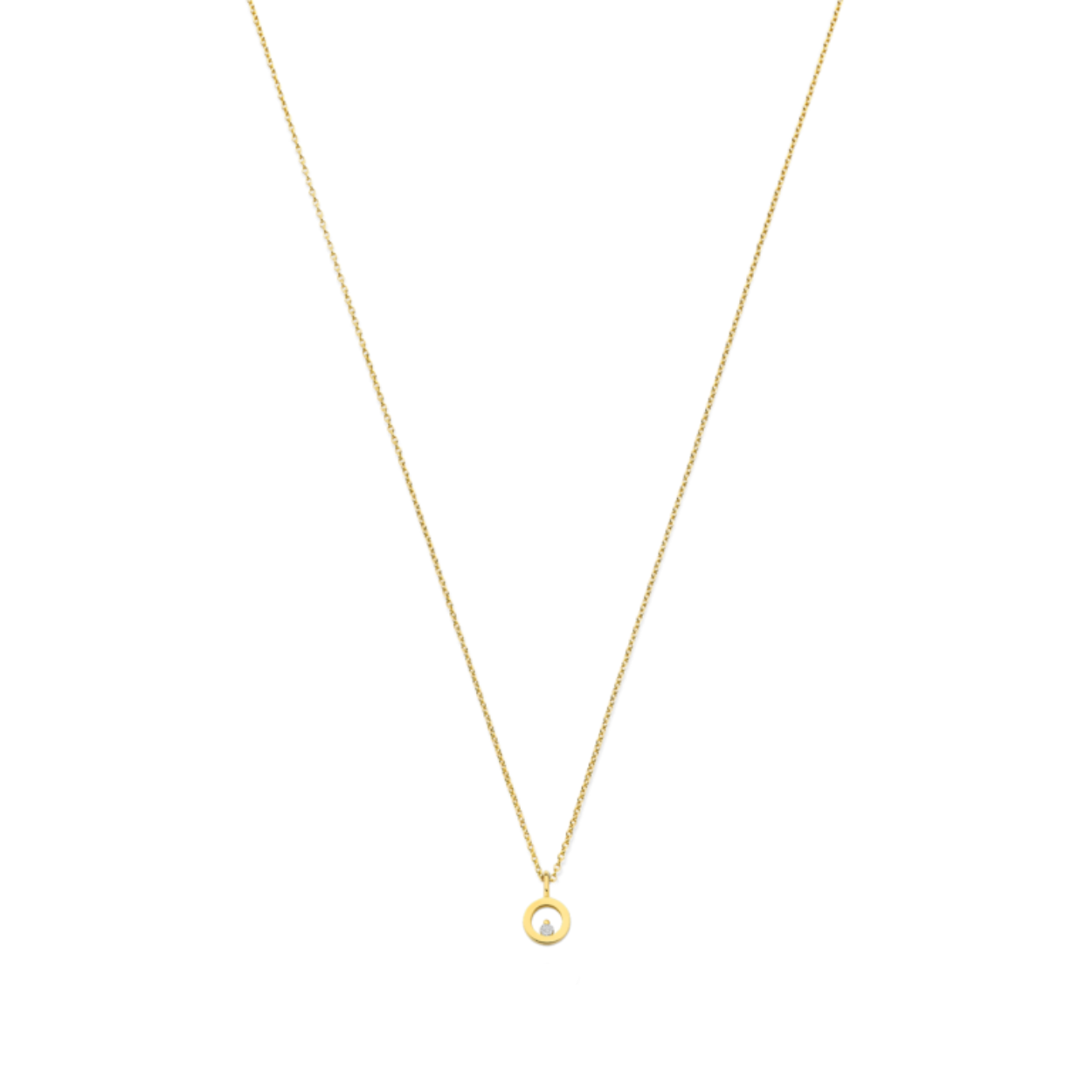 Deze ketting met een cirkelvormige hanger geeft een vleugje glans aan je look.
De cirkelhanger schittert subtiel met een diamantje  van 0.03 ct. Collier en hanger zijn van 14 krt geelgoud