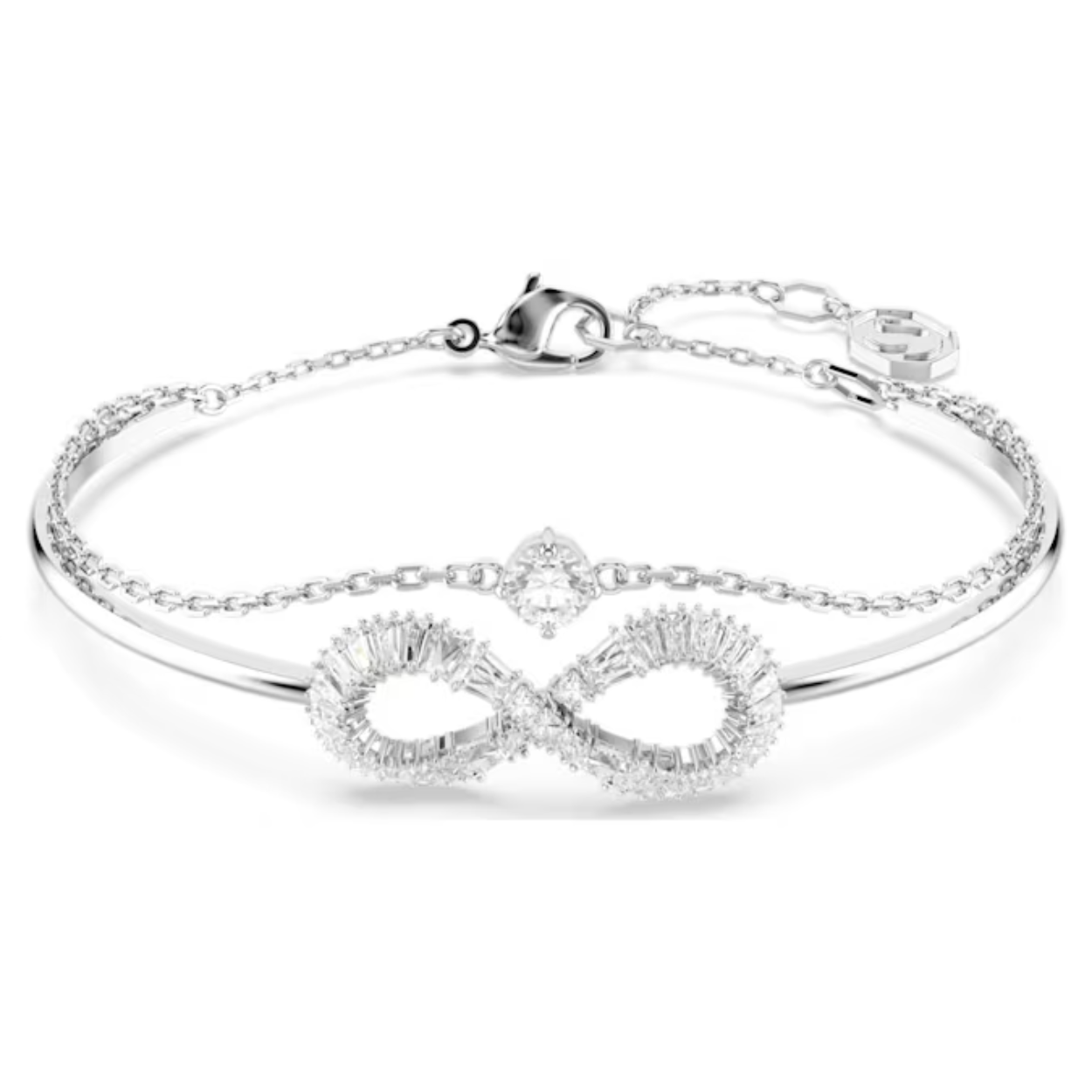 Deze Hyperbola-armband straal delicate schoonheid en symboliek uit en kan steeds opnieuw worden gedragen. Het ontwerp met rhodium toplaag bestaat uit een stijve band met een oneindigheidsmotief, dat is bezet met heldere Swarovski Zirkonia. Op een tweede ketting prijkt in het midden een ronde Swarovski Zirkonia. Een beeldschone dubbele wikkelarmband die u moeiteloos overdag en ‘s avonds kunt dragen.
Artikelnr.: 5684049
Collectie:  Hyperbola
Lengte: 16.5 cm
Binnenste diameters: 5.9 x 4.1 cm
Formaat motief: 1.1 x 2.4 cm