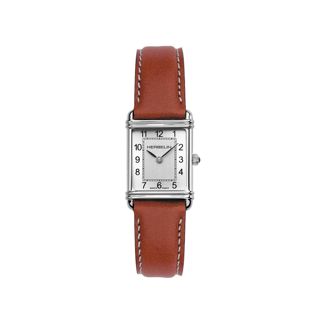 Geïnspireerd door de eerste creaties van Michel Herbelin, is dit Art Déco model ingetogen en verzorgd. De verticaal geborstelde zilveren wijzerplaat geeft het horloge een moderne touch. Met een gouden lederen band siert dit horloge met elegantie de damespols.