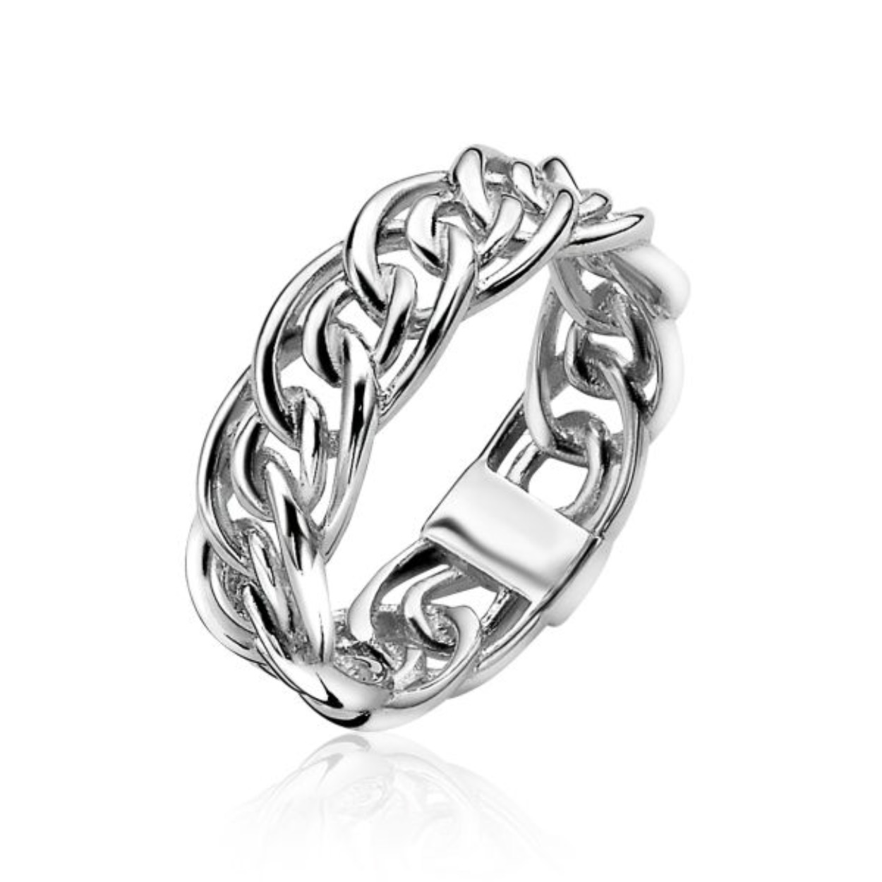 ZINZI CHAIN zilveren ring met stoere fantasie gourmet schakel. Breedte van schakel is 6,5mm. Aan één zijde van de ring is sierlijk Zinzi verwerkt in plaatje, ook opvallend naar voren te dragen. Vervaardigd van eerste gehalte zilver (925) en voorzien van een extra rodium laag voor een langdurige glans.