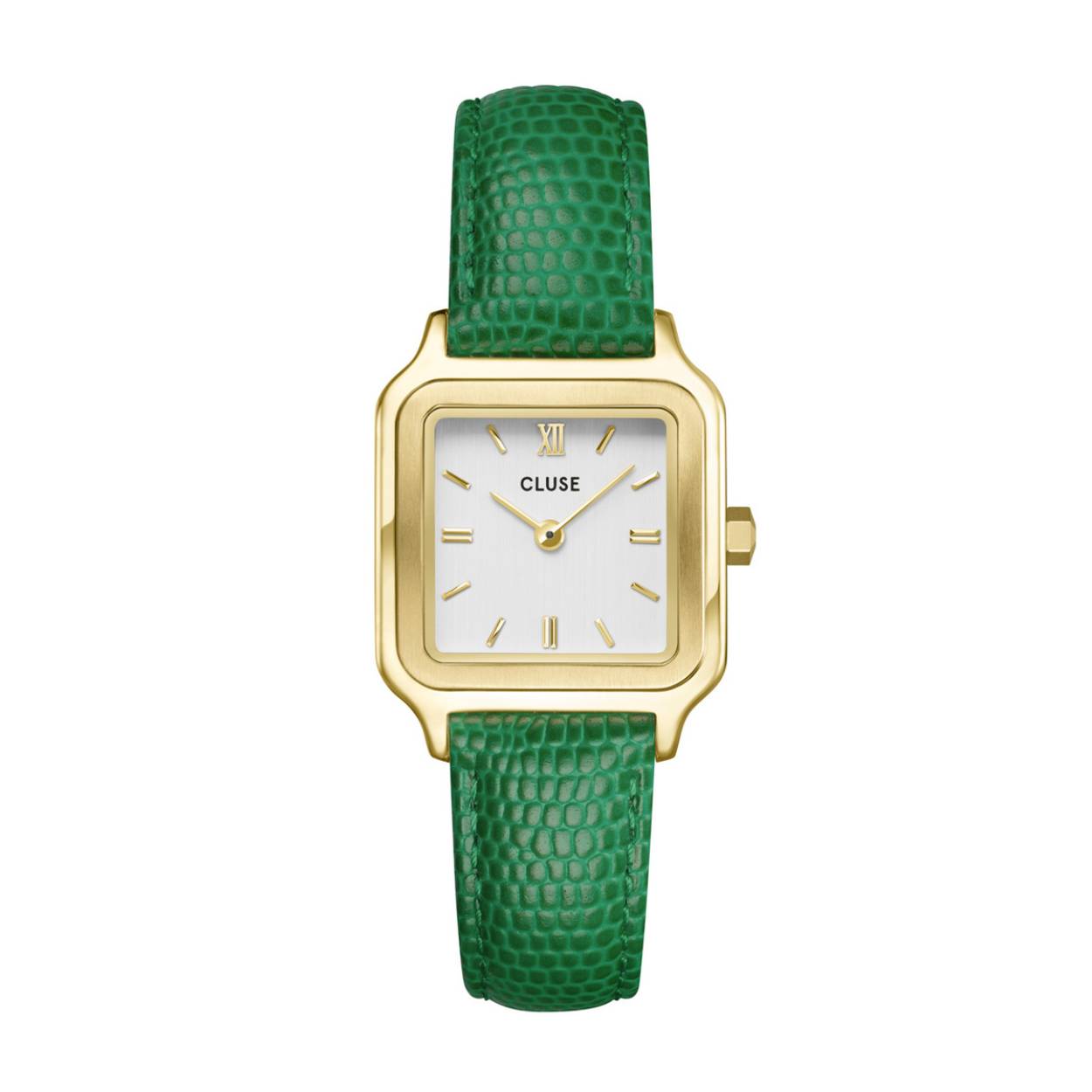 Een sierlijke aanvulling op iedere horlogecollectie: het Gracieuse Petite dameshorloge. Met een vierkante goudkleurige kast van 24 mm, een witte wijzerplaat en groene horlogeband in hagedissen-lederlook van 14 mm. Het groene leren bandje geeft je outfit een vleugje kleur, terwijl het toch een chique look geeft dankzij de klassieke goudkleurige en witte details. Pas makkelijk het uiterlijk van je horloge aan met een band van 14 mm.