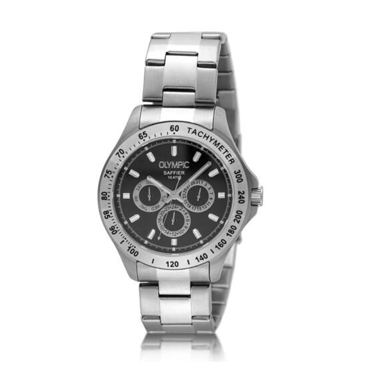 Olympic OL89HSS049 JEFFREY Horloge - Staal - Bracelet - Zwart - 42mm 
Dit unieke Olympic horloge met artikelnummer: OL89HSS049 is een sportief luxe herenhorloge. De stalen kast heeft een zilverkleurige bezel met een tachymeter en een zwarte wijzerplaat. Op de wijzerplaat zit de dag,- datum,- en 24-uursaanduiding met opvallende zilverkleurige accenten. Dit geeft het horloge een stoer uiterlijk. Aan de zilverkleurige kast zit een zilverkleurige schakelband met een vouwsluiting. Het horloge heeft een mineraalglas, een doorsnede van 42mm en is 10ATM.

Waterdichtheid 10ATM
Dit horloge is bestand tegen water bij het zwemmen en douchen. Dit horloge is niet bestand tegen (grote) waterdruk dus je kunt er niet mee duiken.
Waterdichtheid  5ATM
Dit horloge is regen en spatwaterdicht. Niet geschikt om mee te zwemmen en douchen.
Waterdichtheid 3ATM
Dit horloge is spatwaterdicht. Niet geschikt om mee te zwemmen en douchen.

Het merk:
Een mooi horloge hoeft niet duur te zijn! Het Nederlandse horlogemerk Olympic levert stoere chronografen, slimline series, digitale uurwerken en elegante dameshorloges. De prijs-kwaliteitverhouding staat bij Olympic hoog in het vaandel met prijzen die uiteenlopen van € 34,95 tot en met € 159,00.

100% Nederlands ontwerp, waterdicht en standaard 3 jaar fabrieksgarantie.

Specificaties:
- Ronde kast 42mm
- Stalen horlogekast
- Zwarte wijzerplaat
- Stalen schakelband
- 10ATM 
- Standaard 3 jaar fabrieksgarantie
- Mineraalglas