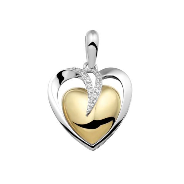 Zilveren hanger waarvan het binnenste hart is voorzien van een 14 krt geelgouden vergulding. De stenen zijn zirkonia’s. Dit sieraad wordt zichtbaar aan de achterkant gevuld met as of haar en wordt vermengd met onze speciale hars.