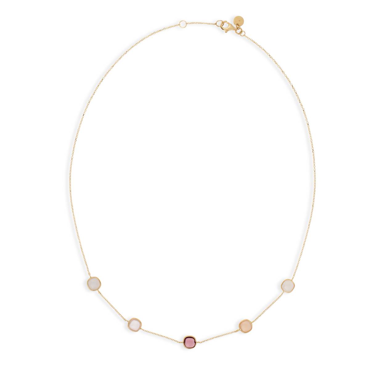 18 kt geel gouden armband van Italo Bottene met de edelstenen: jade, quartz, rhodoliet en chalcedoon Bijhorende ring , oorstekers en armband ook verkrijgbaar 
Lengte: 45 cm