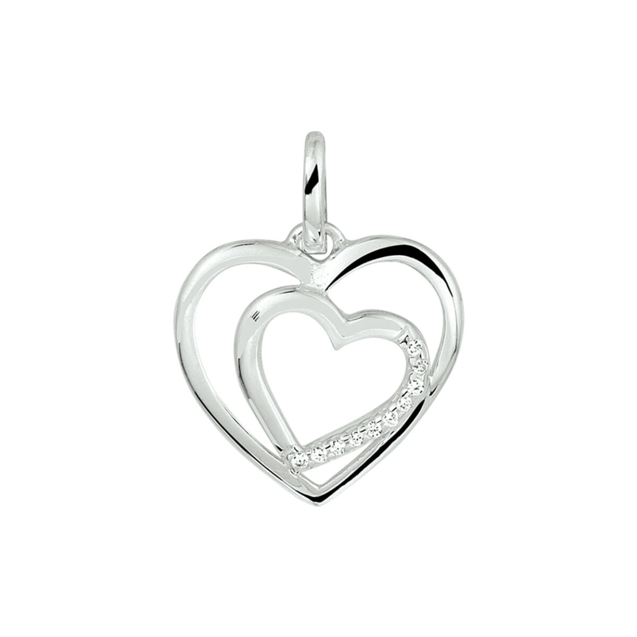 Romantische gerhodineerd zilveren hart hanger met een afmeting van 13x13.3mm en een totale hoogte van 18mm. De hanger is uitgevoerd met een schitterende rij van zirkonia.