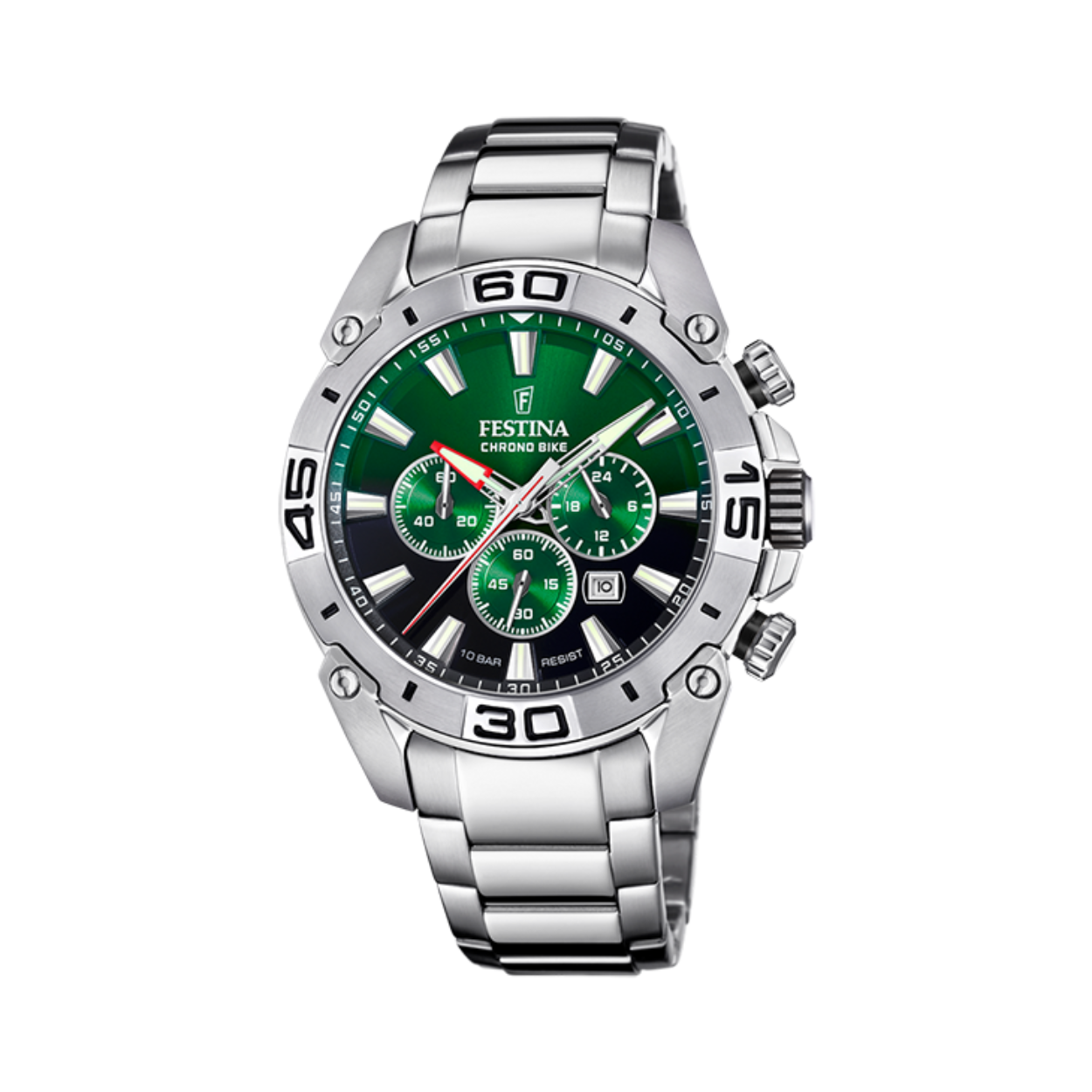 Festina herenuurwerk uit de 'Chrono Bike' collectie - Zilverkleurige stalen band en kast - Groen/zwarte wijzerplaat 'multifunctie' met datumaanduiding - Chronograaf - Waterdichtheid: 10 ATM