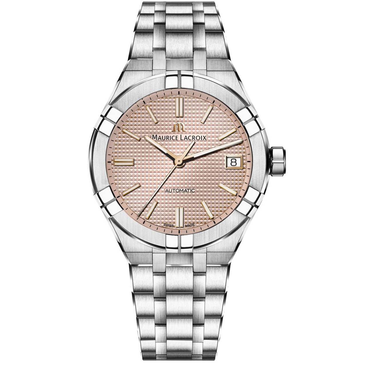Dit horloge is van het merk Maurice Lacroix. Het is een analoog horloge met een band gemaakt van edelstaal.De diameter van de kast is39 mm.
De verdere specificaties van het horloge zijn als volgt:
Glassoort: saffier
Kastmateriaal: edelstaal
Techniek: automatisch
Kastkleur: zilver
Kastvorm: rond
Wijzerplaatkleur: wit
Bandkleur: zilver
