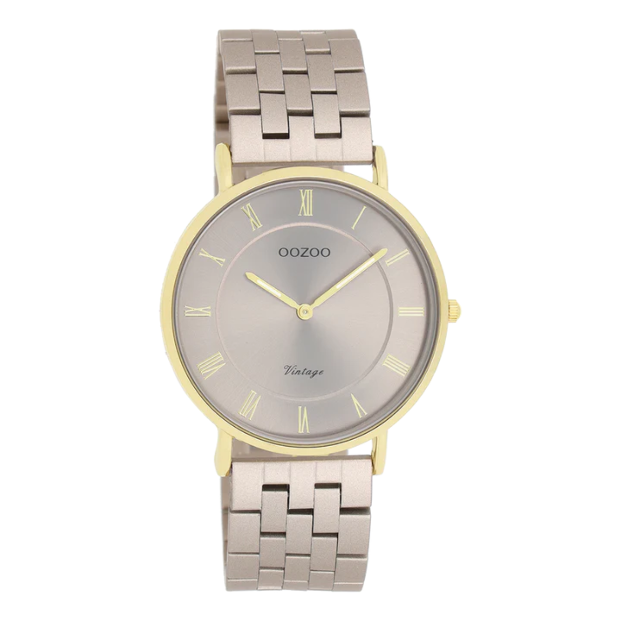 Horloge van Oozoo met taupekleurige wijzerplaat en taupekleurige stalen horloge band.