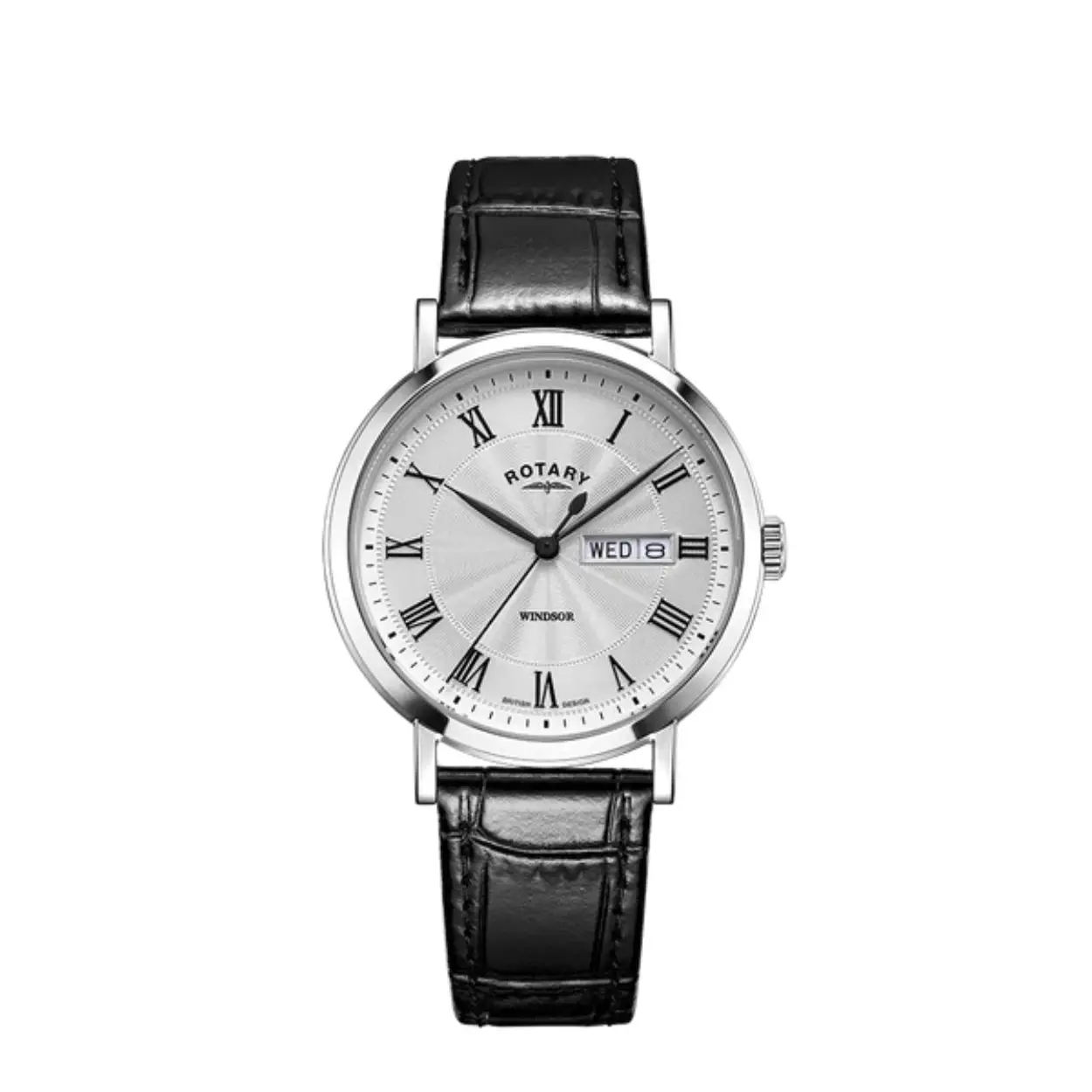 Expertly crafted with stainless steel and sapphire glass, this Dress timepiece features applied Roman numeral markers over a white guilloche dial along with radial and outer dial stitching. A genuine black leather strap ensures supple comfort when worn throughout the day, offering an elegant twist to the timepiece. Water resistant to 50m, this classic watch is powered by high-quality quartz and displays a day/date window for added practicality. A traditional, elegant and discreet accessory, the watch's case is 37mm in diameter, giving it an unimposing silhouette that quietly complements any look.