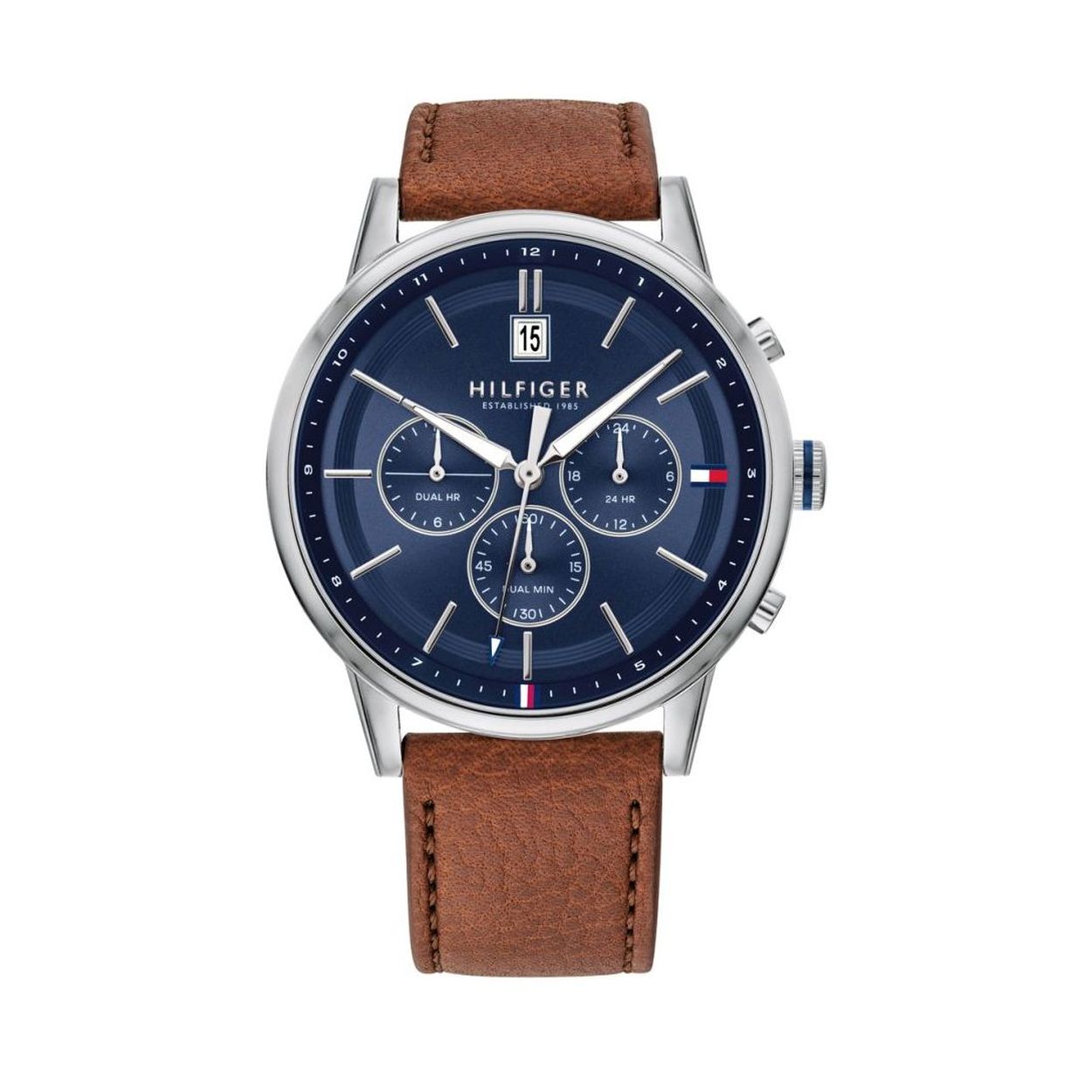 Dit is een herenhorloge van het merk Tommy Hilfiger uit de serie Kyle. Met een horlogekast gemaakt van staal en een bruine band van leer.