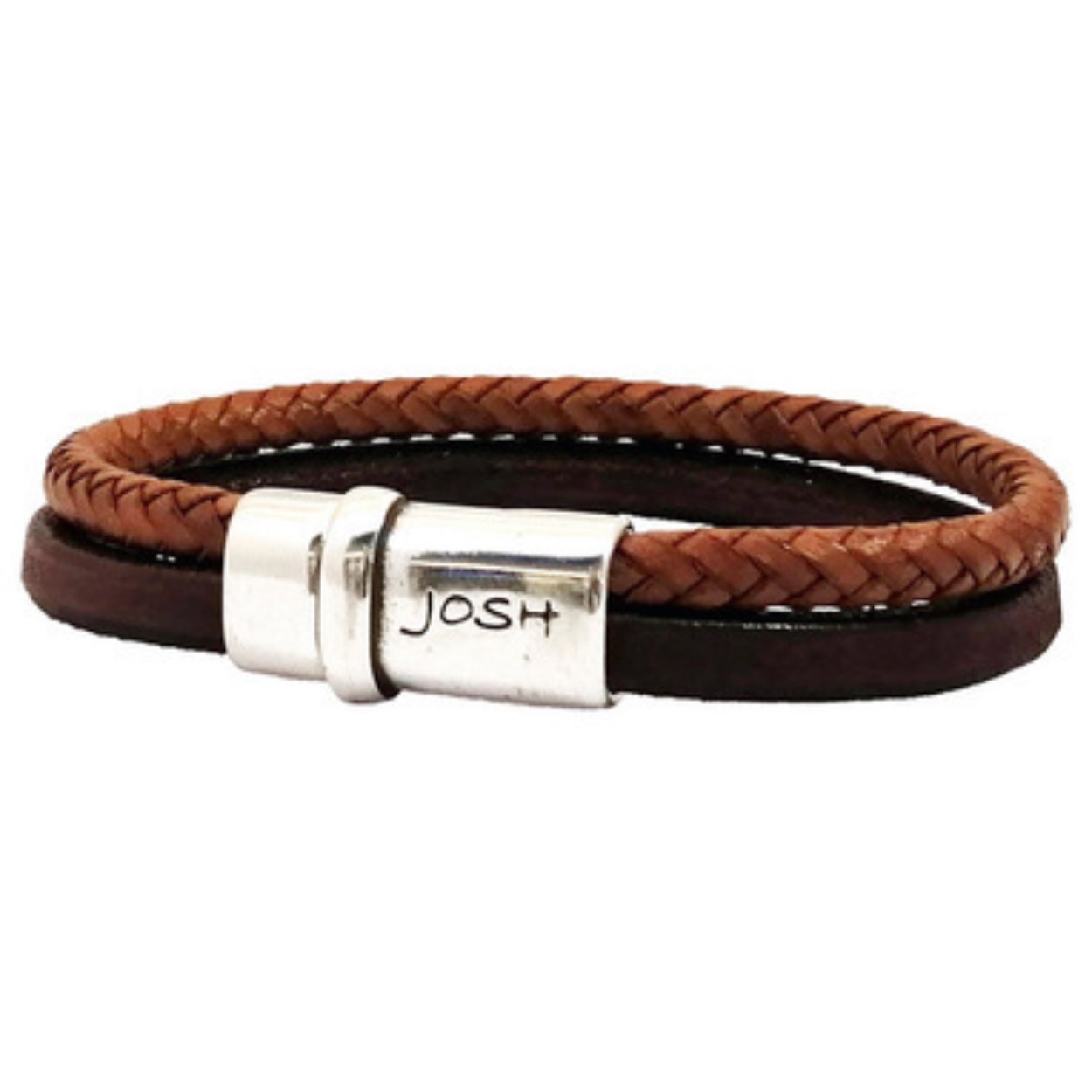 Dit is een prachtige Josh herenarmband gemaakt van metaal en leer. De kleur van dit armband is cognac en heeft een zilveren sluiting. De maat van dit sieraad is L.