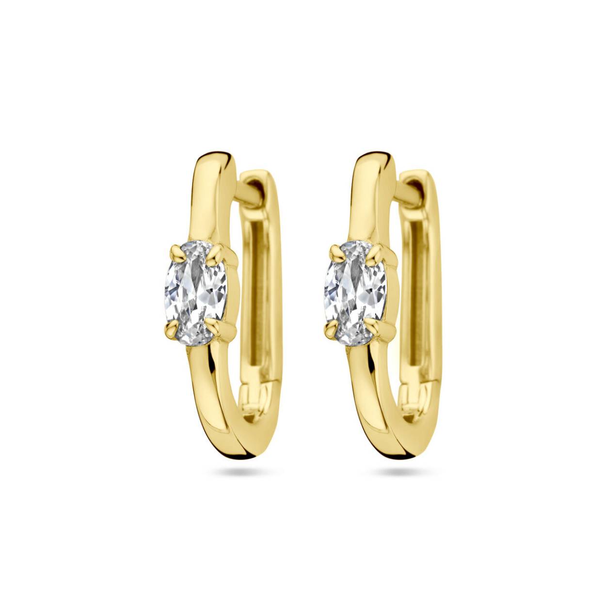 Geelgoud op 925 zilveren klapoorringen uitgevoerd met zirkonia. De klapoorringen hebben een afmeting van 14.5x3mm. Geen garantie op de plating.