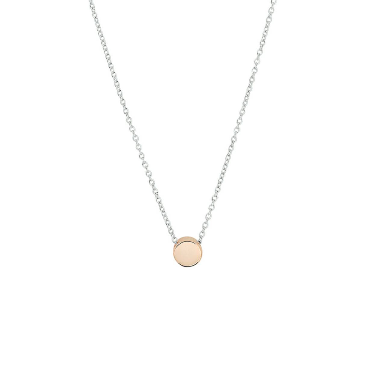 Trendy gerhodineerd 925 zilveren collier met een draaglengte van 41cm en een extensie van 4cm. Uitgevoerd met een rondje in rose plating van 5.5mm en met een karabijn sluiting. De schakelbreedte is 1.1mm. Geen garantie op plating.