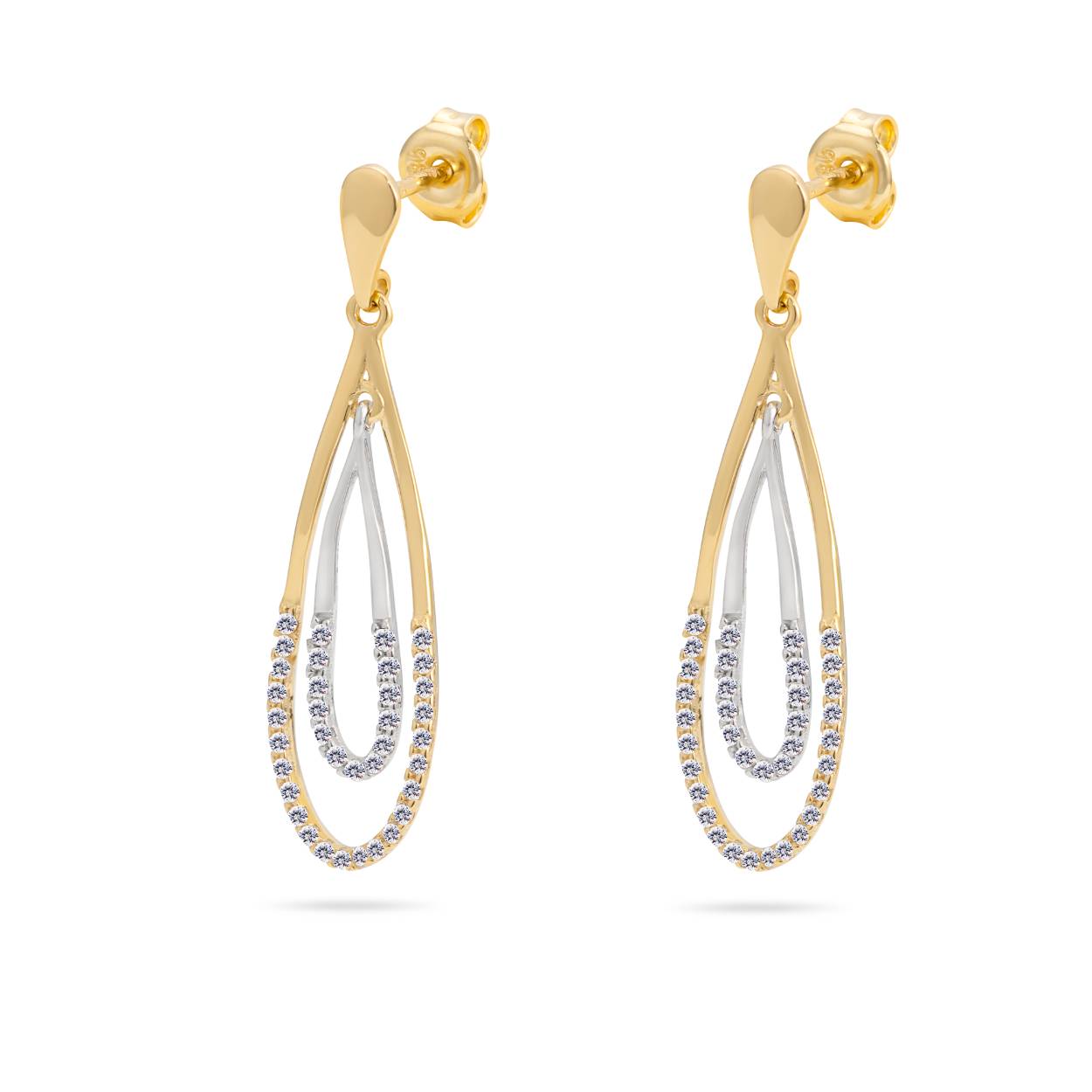 Dit zijn oorhangers van het merk Swing Jewels.
De oorhangers zijn 14 karaats wit- en geelgoud en gezet met fonkelende zirkonia's 