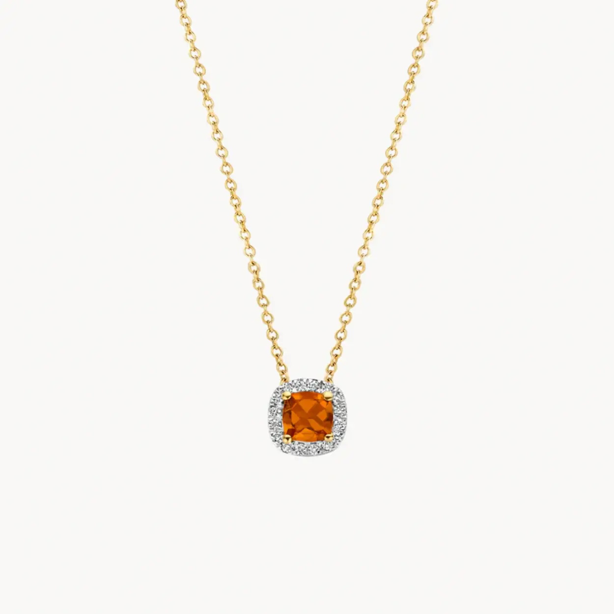 Dit collier valt op door de stijlvolle combinatie van 14k geel- en witgoud, diamant en citrien Het collier is 42 cm lang en de diamantjes hebben een totaalgewicht van 0,05 karaat.  