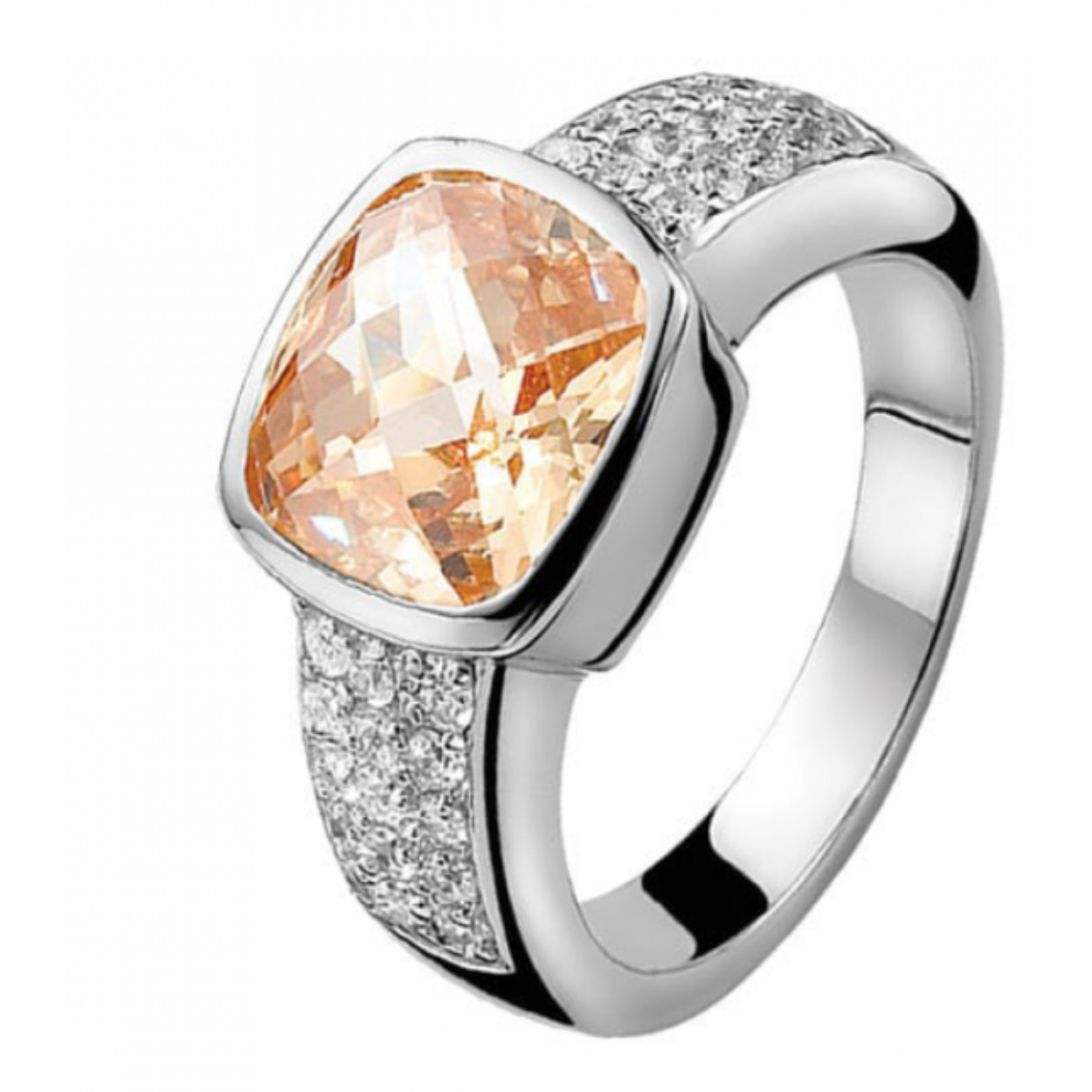ZINZI zilveren ring gezet met witte zirconia's in de scheen en in het midden een grote opvallende champagne kleur zirconia. Vervaardigd van eerste gehalte zilver (925) en met extra rodiumlaag voor een langdurige glans.