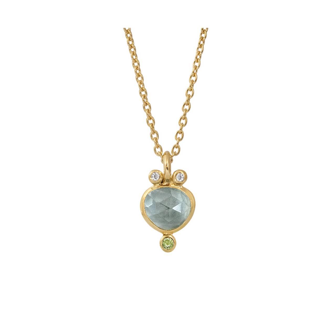 Zilver verguld Rabinovich collier Calm Creek met blauwe kwarts, peridot en zirkonia. De lengte is verstelbaar van 42-45 cm.