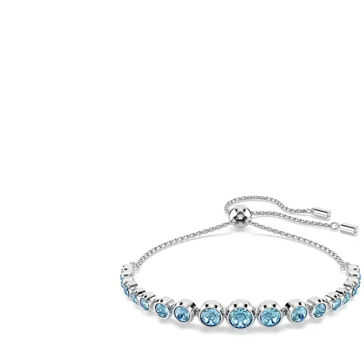 Deze armband met rhodium toplaag ademt de eenvoud van de Imber-lijn en is perfect voor alledaagse elegantie. Het ontwerp heeft een verloop van blauwe kristallen in Round-slijpvorm in een moderne bezelzetting op een soepele ketting. De armband is voorzien van een schuifsluiting voor optimaal draagcomfort. Elke delicate druppel voegt een vleugje kleurrijke verfijning toe aan uw pols zodat u het speels kunt combineren met andere stijlen.