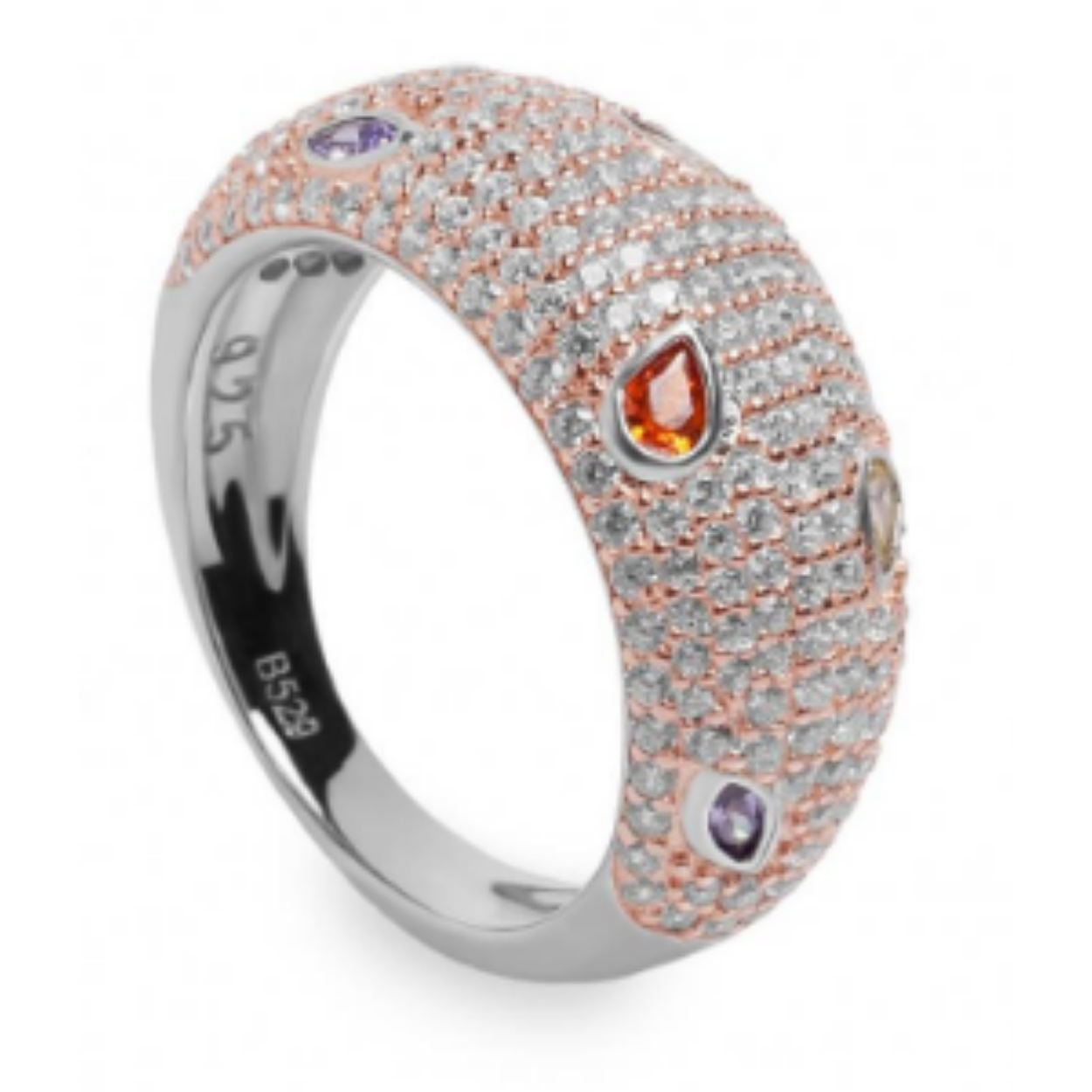 Unieke en essentiële nieuwste trendring dit seizoen. Zilveren ring met witte zirkonia pavé en oranje, gele en groene adamantine kwarts inleg in verschillende maten. Perfect te combineren met de bijpassende hanger en oorbellen.
