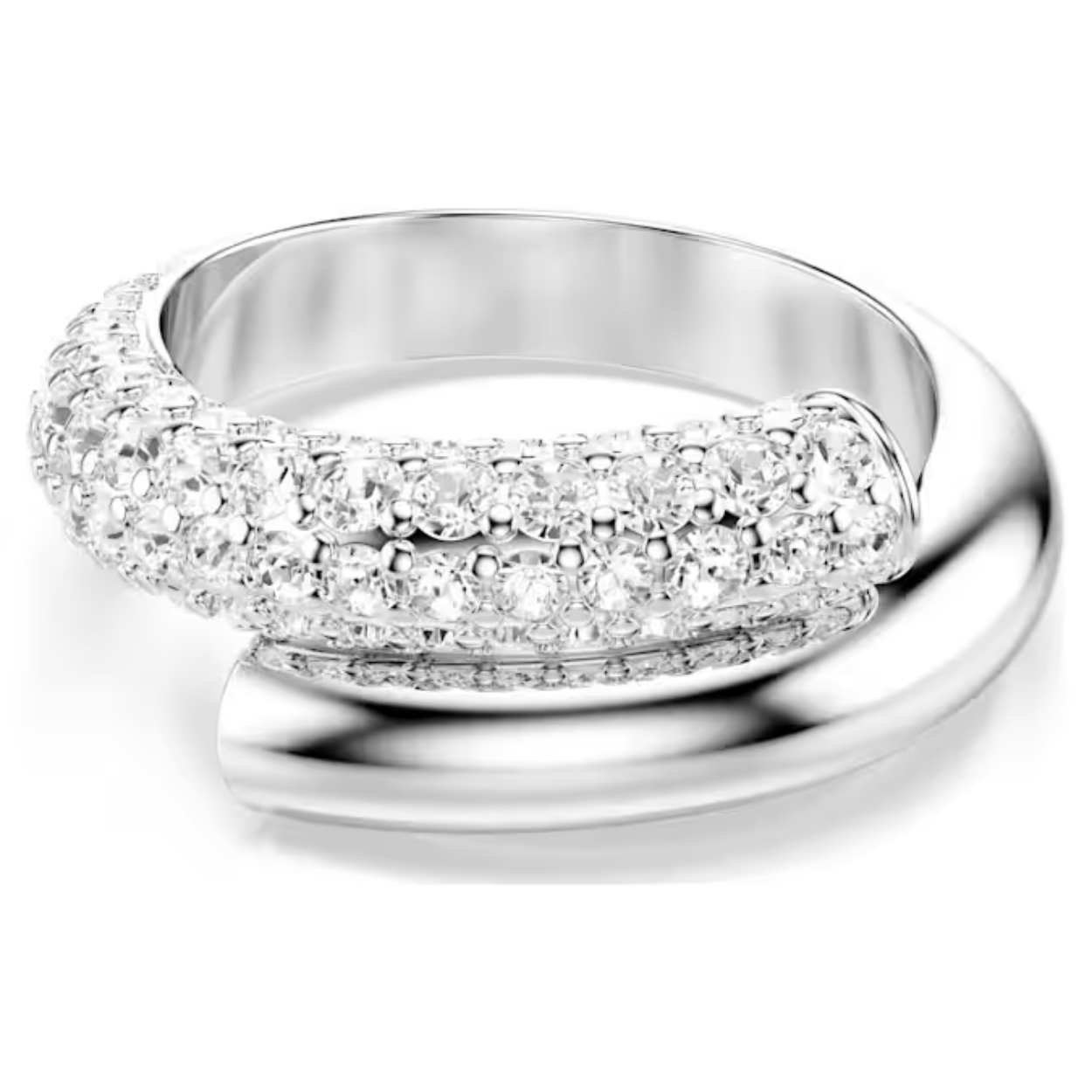 De schoonheid van deze technisch verfijnde Dextera-ring is te zien in elk detail. Het buisvormige ontwerp heeft een rhodium toplaag en is voor de helft ingelegd met een oogverblindend pavé van heldere kristallen. Combineer met een contrasterende goudkleurige ring voor een onconventionele look.