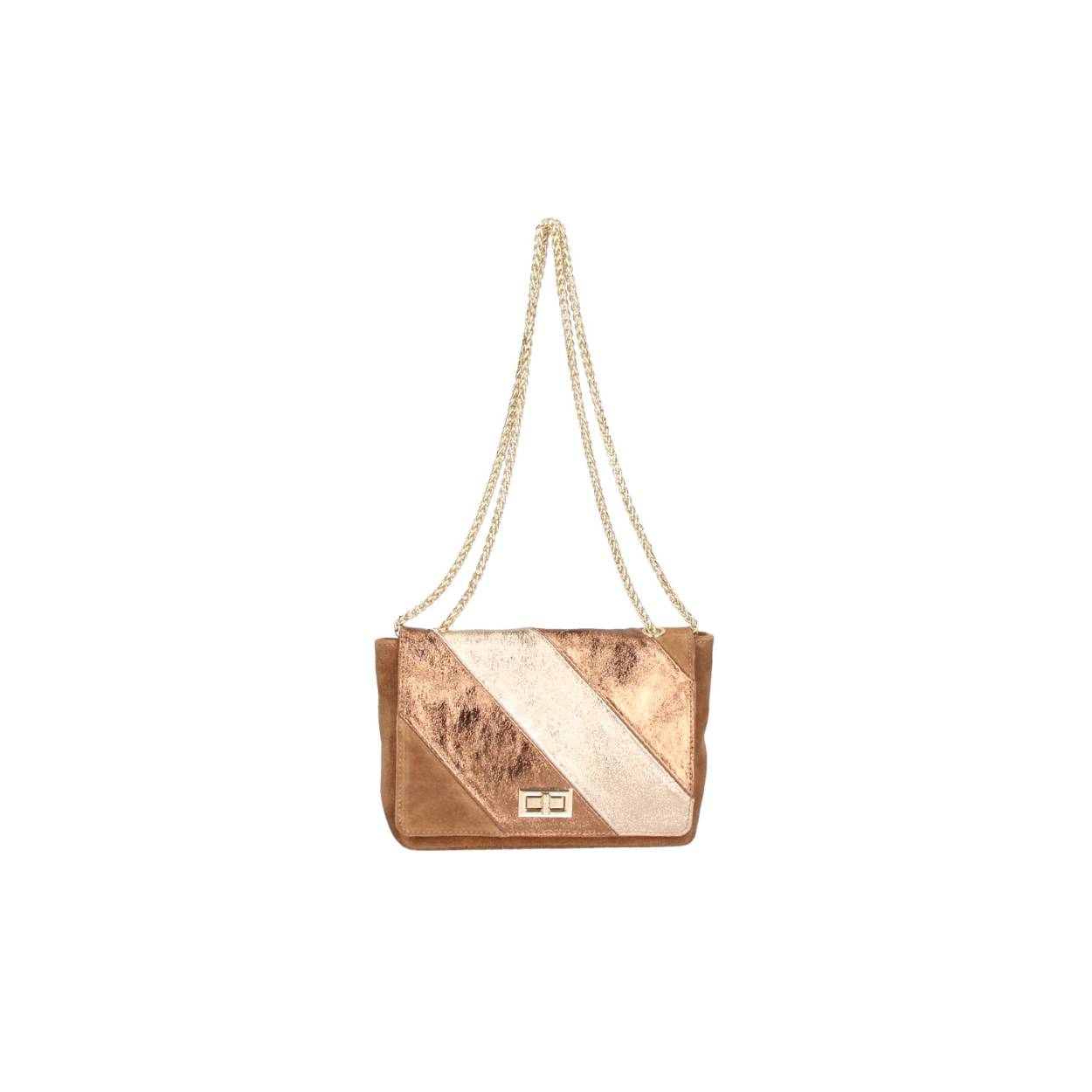 Flap met sluiting
1 vak
ketting met goud look
binnenrits in het hoofdvak

Afmetingen:
Hoogte 15cm x breed 21cm x diep 6cm