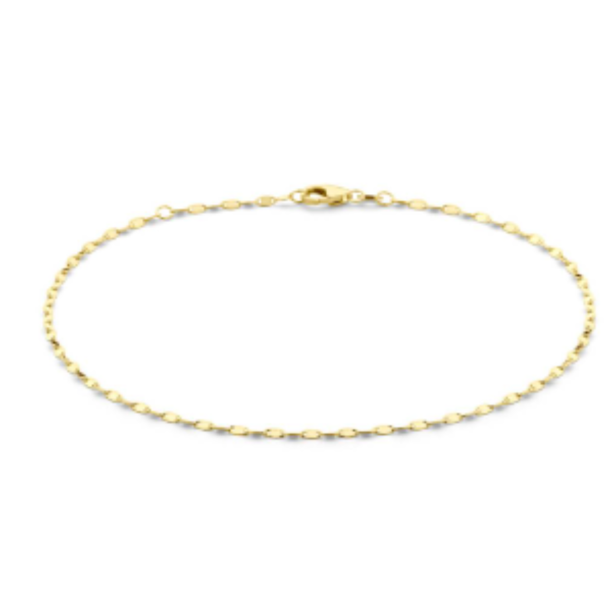 Geelgouden enkelbandje met een draaglengte van 24cm met een extensie van 2cm. De schakelbreedte is 2.0mm. De enkelband is uitgevoerd met een stevige karabijn sluiting.