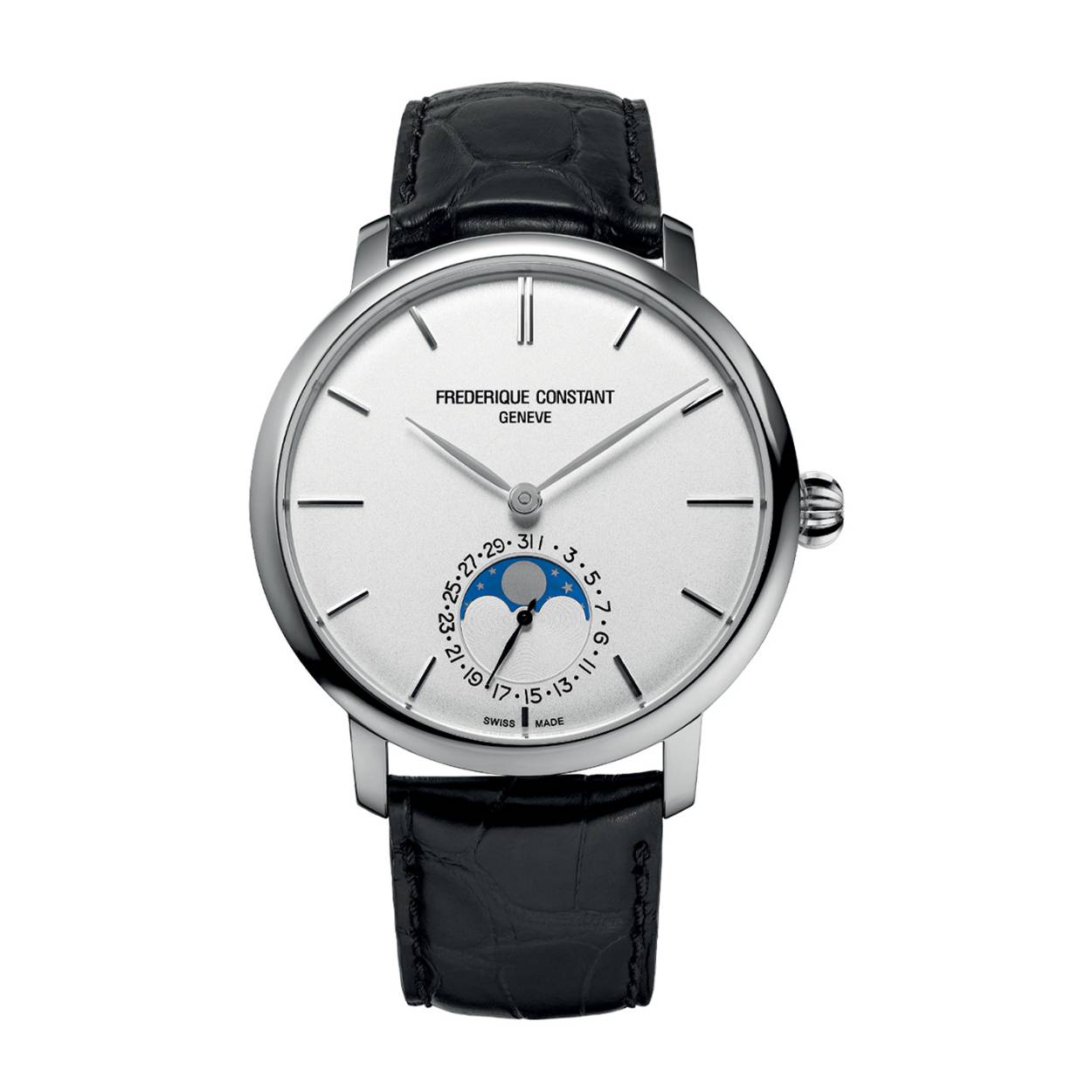 Het Zwitserse Frederique Constant FC-705WR4S6 Slimline Moonphase Manufacture heren horloge met maanfase complicatie en datum heeft een automatisch manufactuur uurwerk. De zilveren, roestvrijstalen kast heeft een diameter van 42mm, een doorzichtige deksel en een glas van saffier. De wijzerplaat is wit. De band van alligator leer is zwart en sluit met een vouwsluiting. De waterdichtheid is 3ATM. Dit Frederique Constant horloge wordt geleverd in de speciale Wooddrawer verpakking.