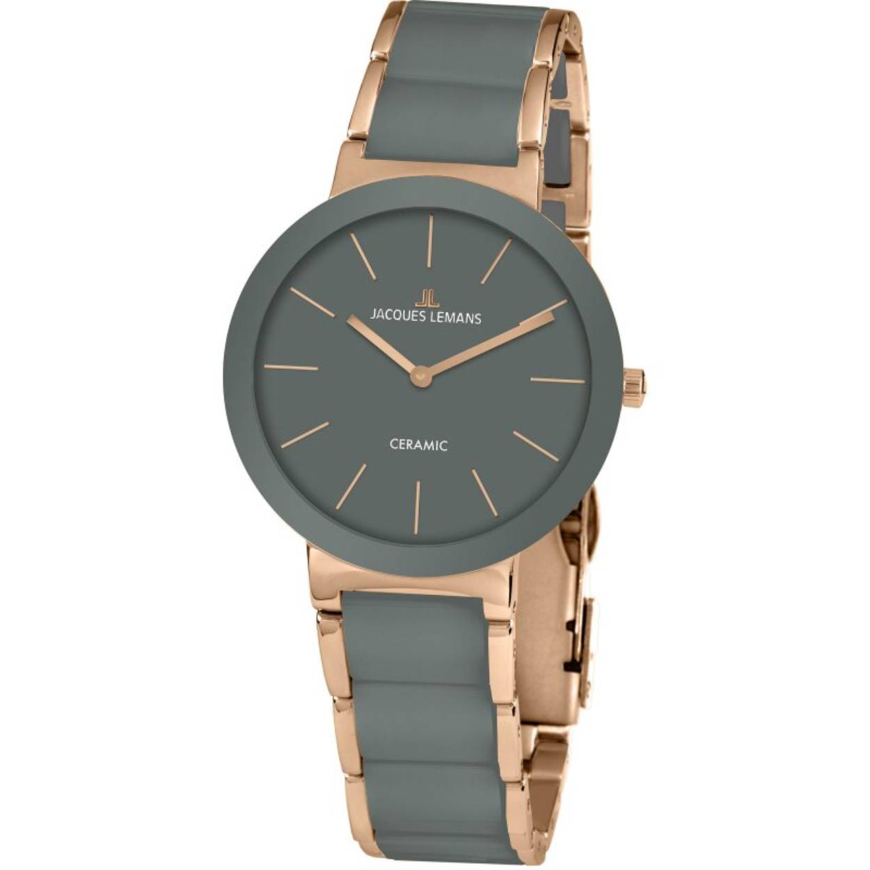 Dit dameshorloge is van het merk JACQUES LEMANS. Het is een horloge met een band gemaakt van keramische. De diameter van de kast is 34 mm.