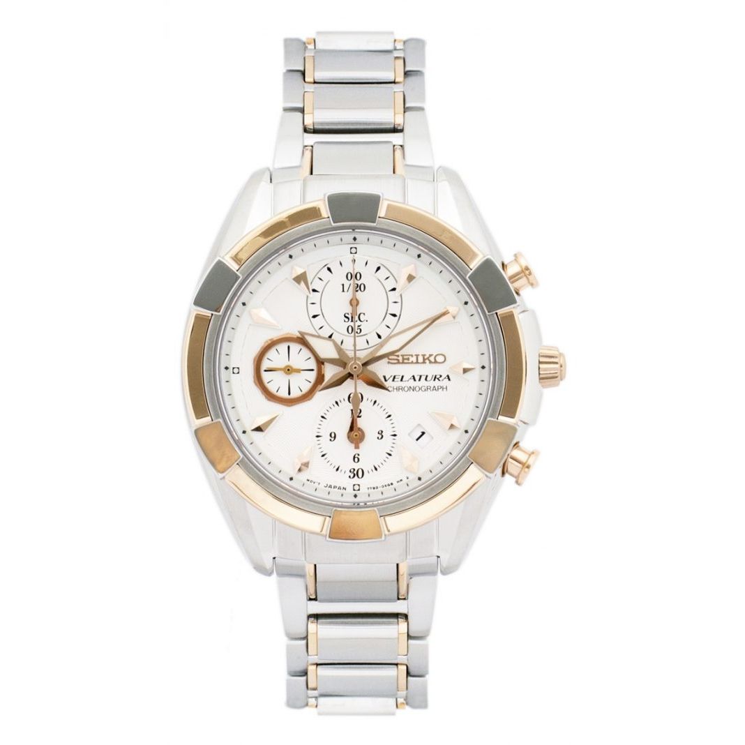 Seiko Velatura rond staal met rose accenten -chronograaf dameshorloge met lichte wijzerplaat ( bezet met diamantjes ) en een datum.