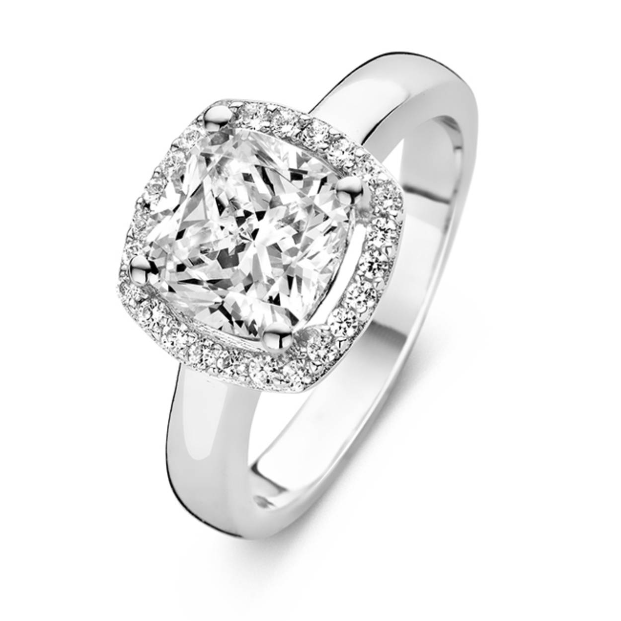 Zilver Rosa di Luca ring met zirkonia maat 58.
De grote middensteen is princess geslepen , hierom heen zit een mooie rand met kleine zirkonia's. 