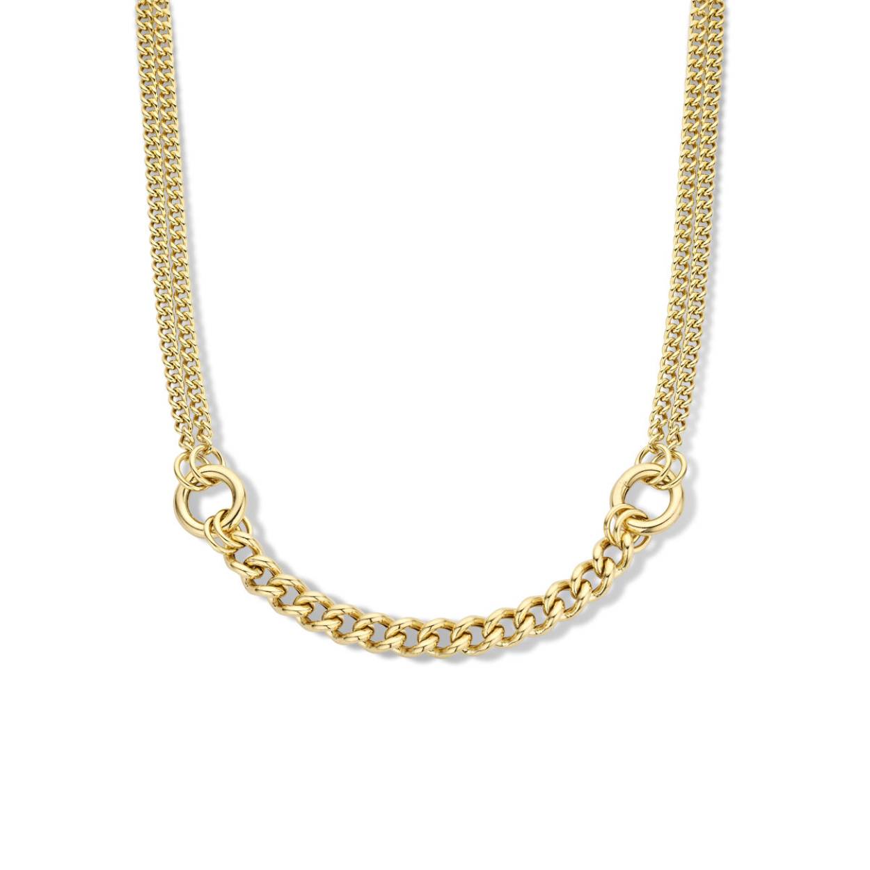 Geelgoud op 925 zilveren gourmette collier met een schakelbreedtes van 4.4mm en 9.2mm. Uitgevoerd met een karabijn sluiting. Het collier heeft een draaglengte van 42cm met extensie van 5cm.