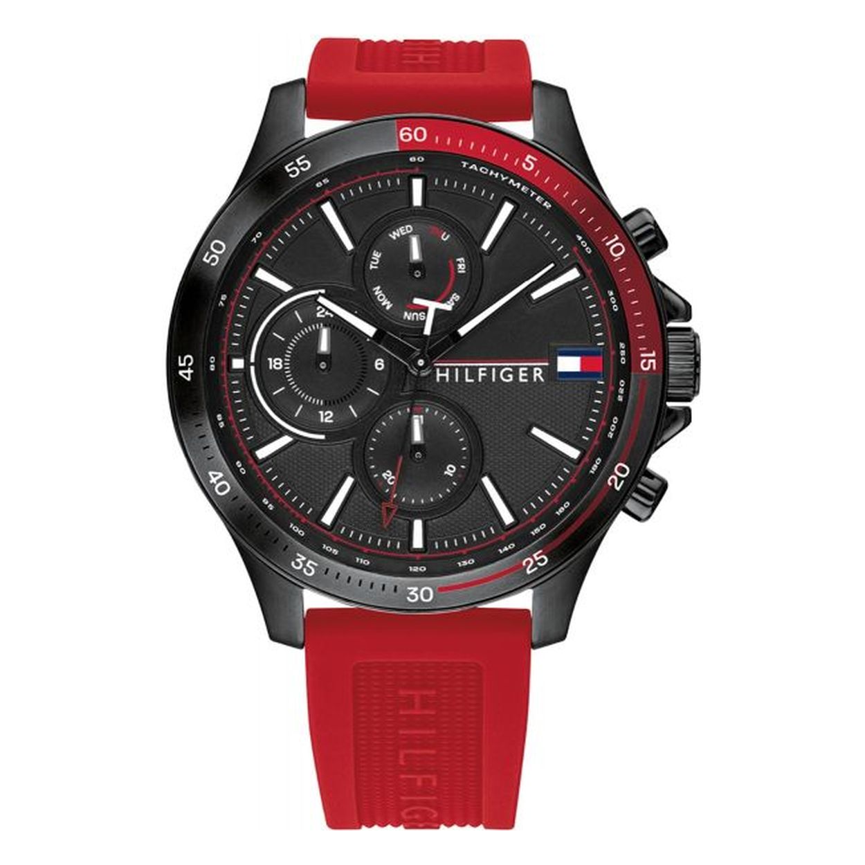 Dit sportieve heren horloge is van Tommy Hilfiger. Het horloge is voorzien van een siliconen band en een ‘sunray’ wijzerplaat. Het horloge is een multifunctie. De diameter van de horlogekast is 46 mm en de hoogte 11 mm. Het horloge is 5 ATM waterdicht. We leveren het horloge met 2 jaar garantie. 

Tommy Hilfiger is wereldwijd één van de grootste designer lifestyle merken en is internationaal bekend om haar classic American cool stijl. De horloges zijn voor dames en heren met een eigen stijl, die niet bang zijn om dit aan de wereld te laten zien. 

- Mineraal glas - Ronde kastvorm Ø 46 mm - Hoogte horlogekast is 11 mm - Waterdicht: 5 ATM - Zwarte horlogekast - Zwarte sunray wijzerplaat - Rode horlogeband