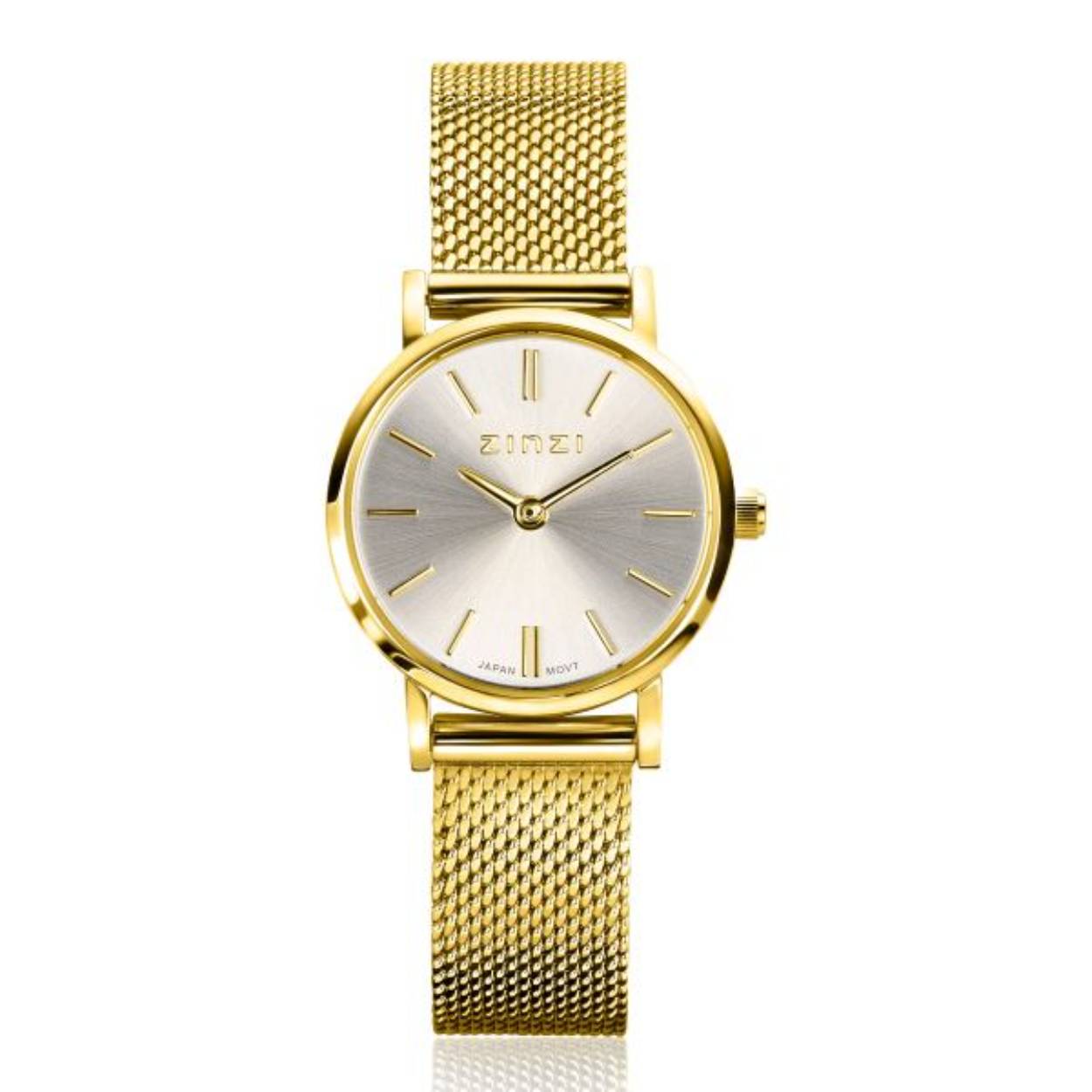 Het ZINZI Retro Mini horloge is het kleinste ronde model van de ZINZI horloges. Met zijn geheel geelgoudkleurige stalen kast van 24mm en zilvergekleurde wijzerplaat oogt dit horloge elegant op iedere pols. Voorzien van een geelgoudkleurige stalen mesh band (12mm breed). Door het mini-model gemakkelijk aan de pols te dragen met meerdere armbandjes.