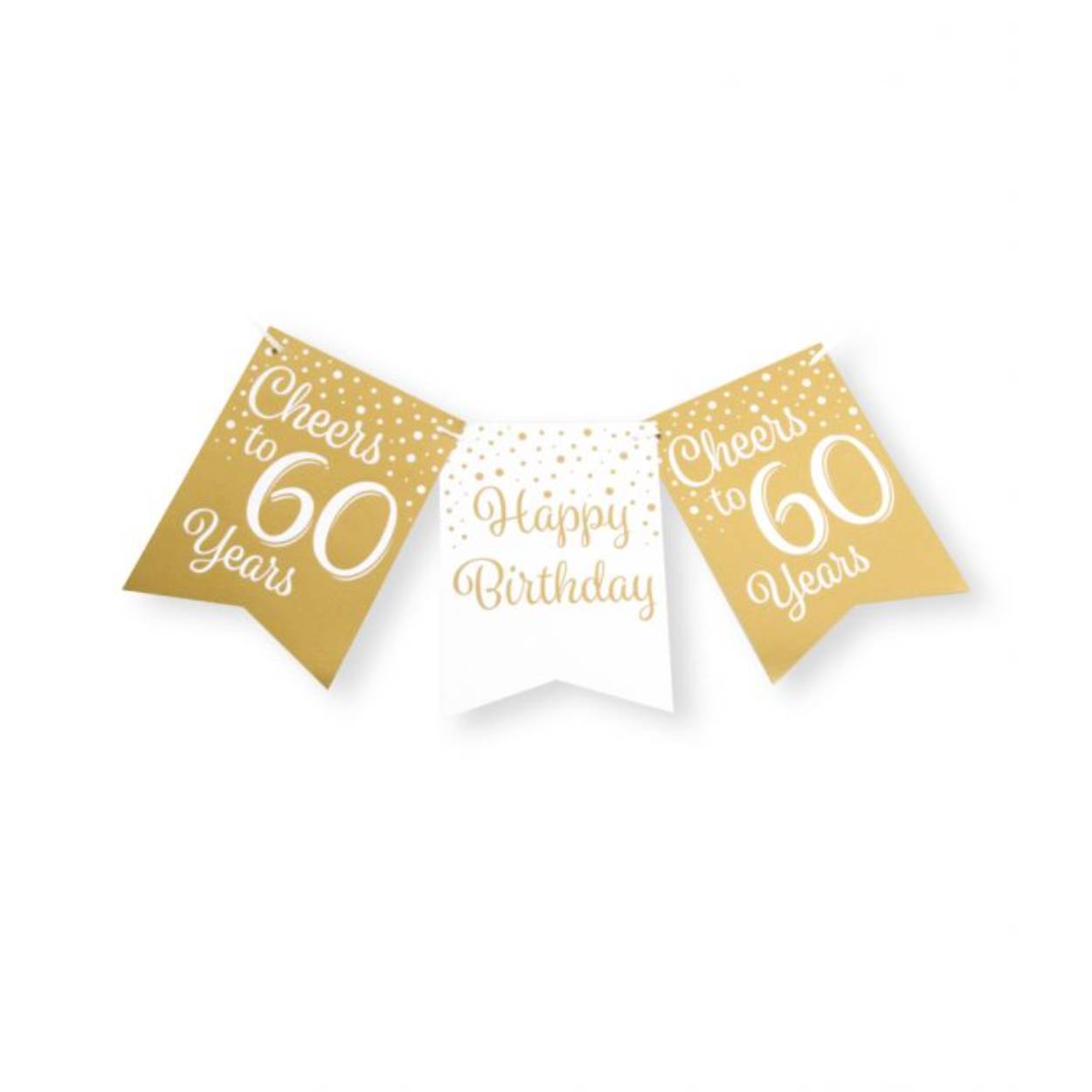 De gold/white party flag banners maken goede sier op een feestje zoals bijvoorbeeld een jubileum, maar ook op een verjaardagsfeest zoals deze gold/white party flag banner met opdruk 60. Door de gebruikte kleuren hebben deze flag banners een luxe maar toch feestelijke uitstraling! De vlaggetjes zijn gemaakt van folie met een bedrukking aan beide kanten