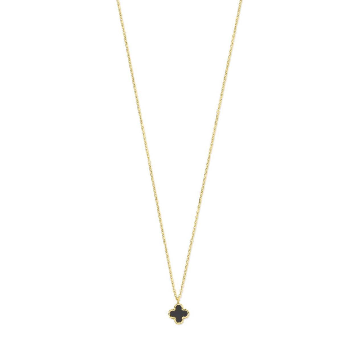 14k Geelgouden collier uitgevoerd met een klavertje 4 hanger met onyx. De draaglengtes zijn 41, 43 en 45cm. De hanger heeft een afmeting van 13x10mm. De schakelbreedte is 1,5mm. Uitgevoerd met een karabijnsluiting.
