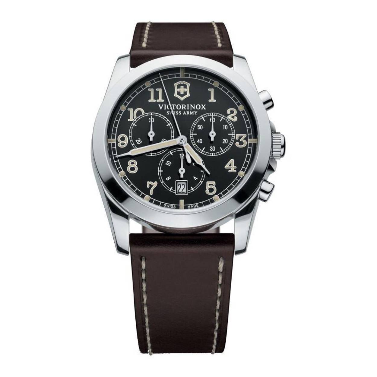 Dit Victorinox horloge is gemaakt van roestvrij staal en heeft een kastbreedte van 40 mm (zonder de kroon meegemeten). Aan het horloge zit een horlogeband gemaakt van leer. Het is voorzien van saffierglas, wordt aangedreven door een Zwitsers quartz uurwerk met datumaanduiding. Het horloge heeft een chronograaf (stopwatch). Het horloge is waterdicht tot 10 ATM.